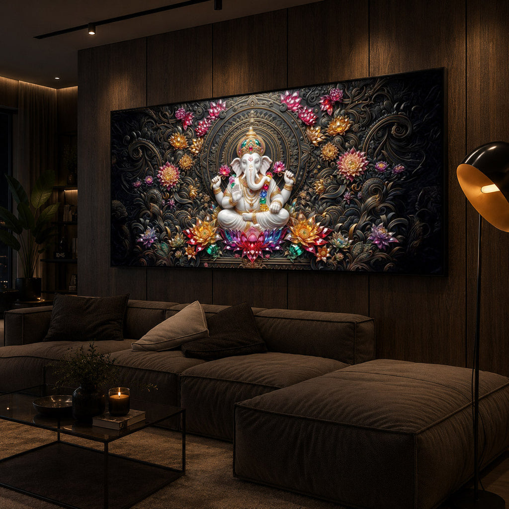 Lord Ganesha Blooming Lotuses Modern Luxury Backlight Horizontal Wall Art