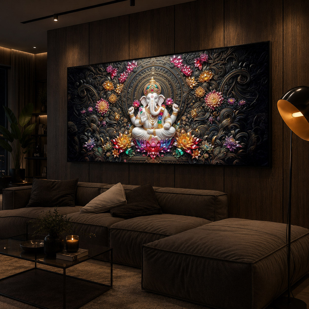 Lord Ganesha Blooming Lotuses Modern Luxury Backlight Horizontal Wall Art