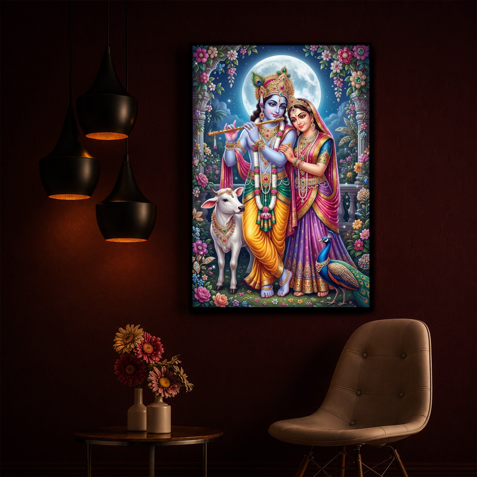Moonlit Radha Krishna Leela Modern Luxury Backlight Vertical Wall Art