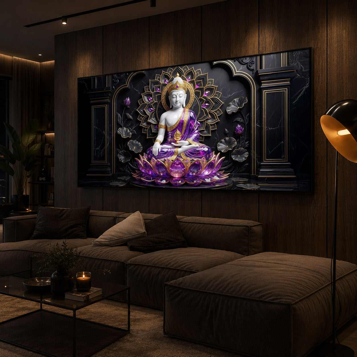 Buddha In Purple Robes Modern Luxury Backlight Horizontal Wall Art