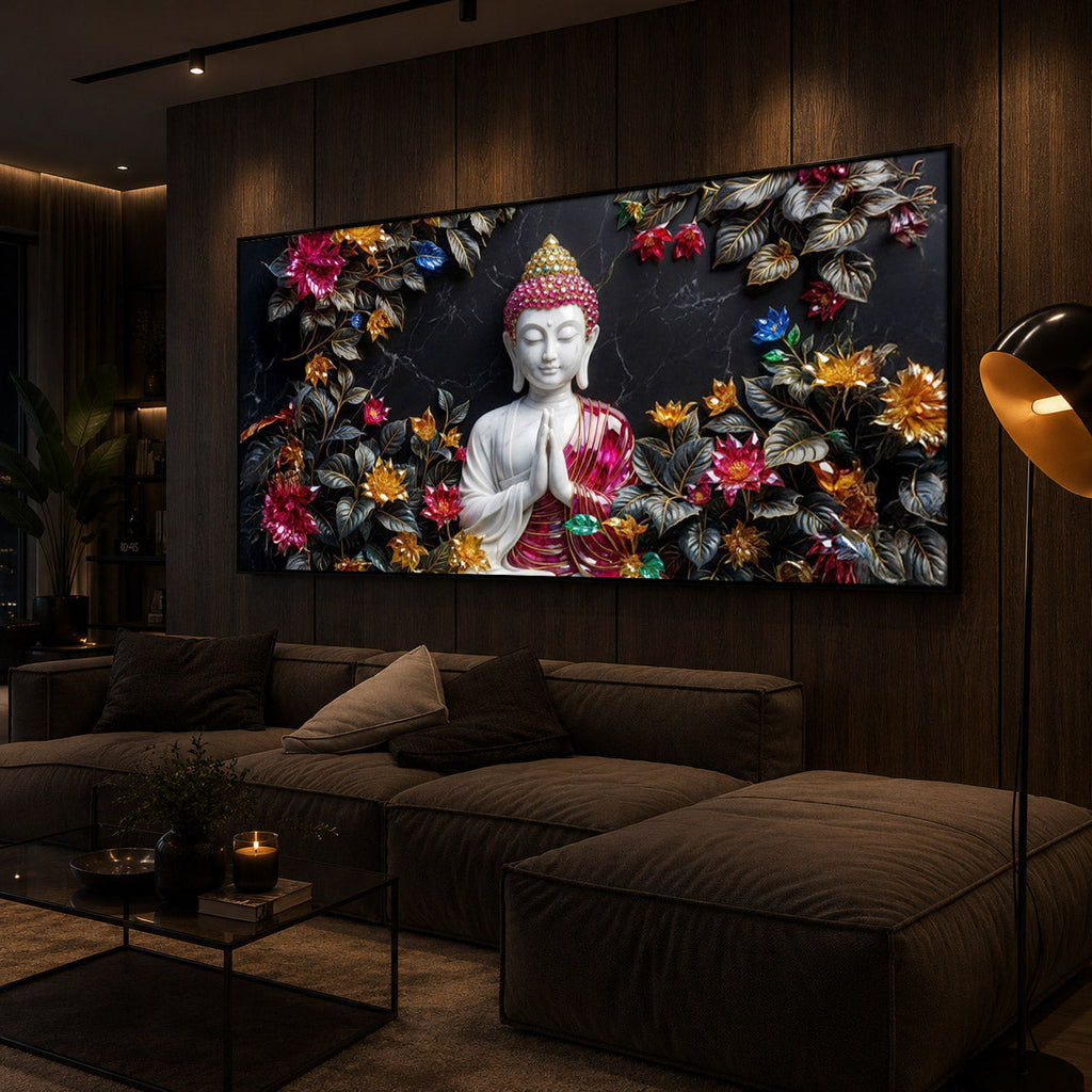 White Buddha With Pink Lotus Modern Luxury Backlight Horizontal Wall Art