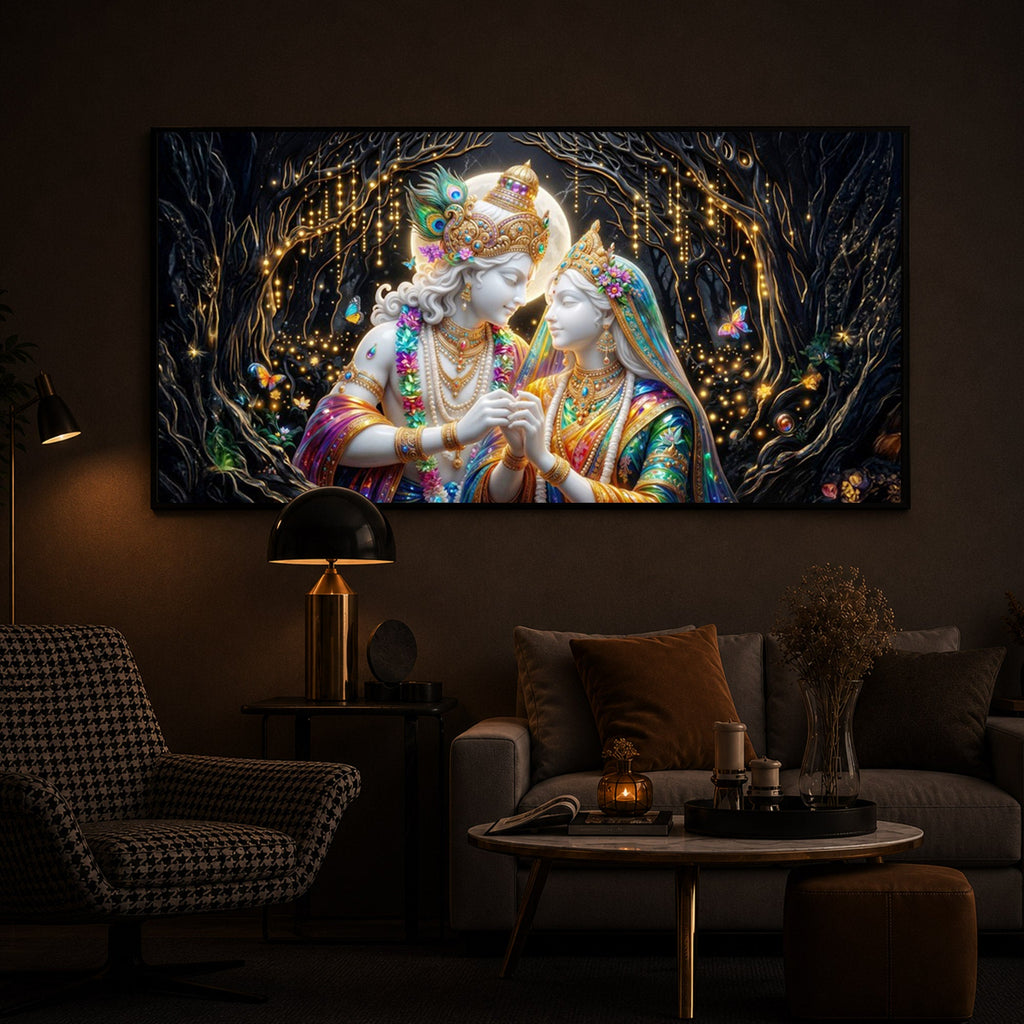 Spiritual Moonlight Radha Krishna Modern Luxury Backlight Horizontal Wall Art