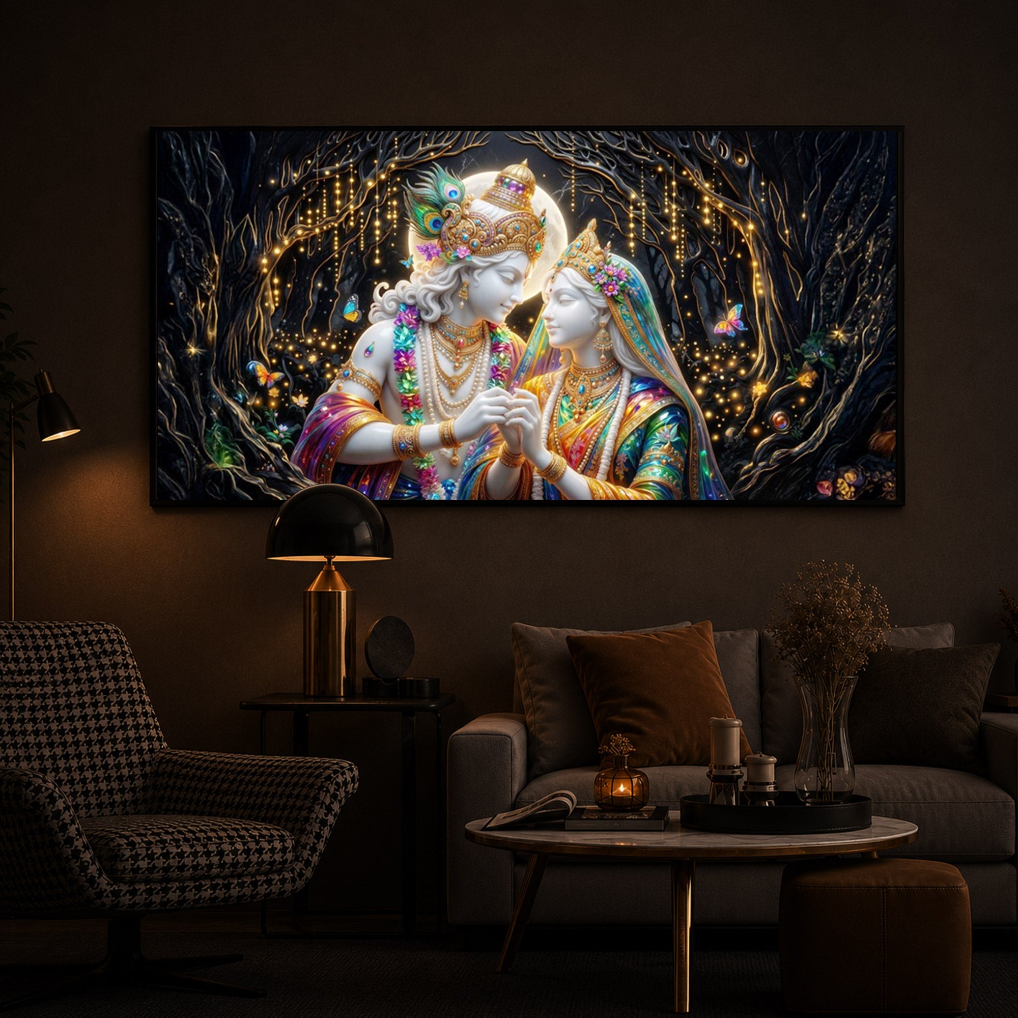 Spiritual Moonlight Radha Krishna Modern Luxury Backlight Horizontal Wall Art