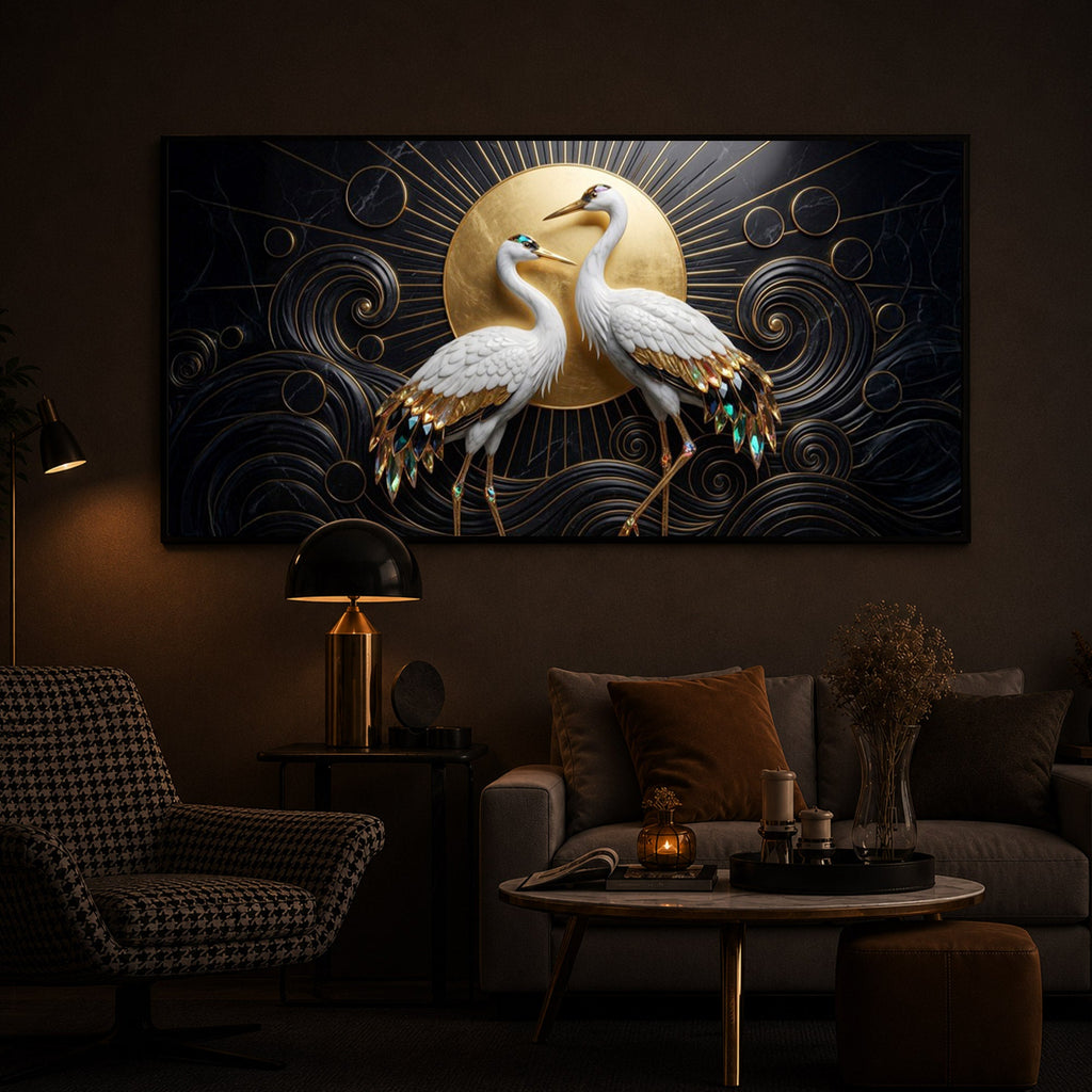 White Crane Modern Luxury Backlight Horizontal Wall Art