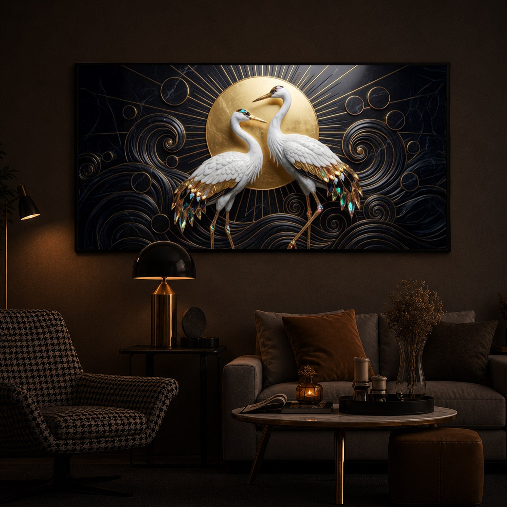 White Crane Modern Luxury Backlight Horizontal Wall Art