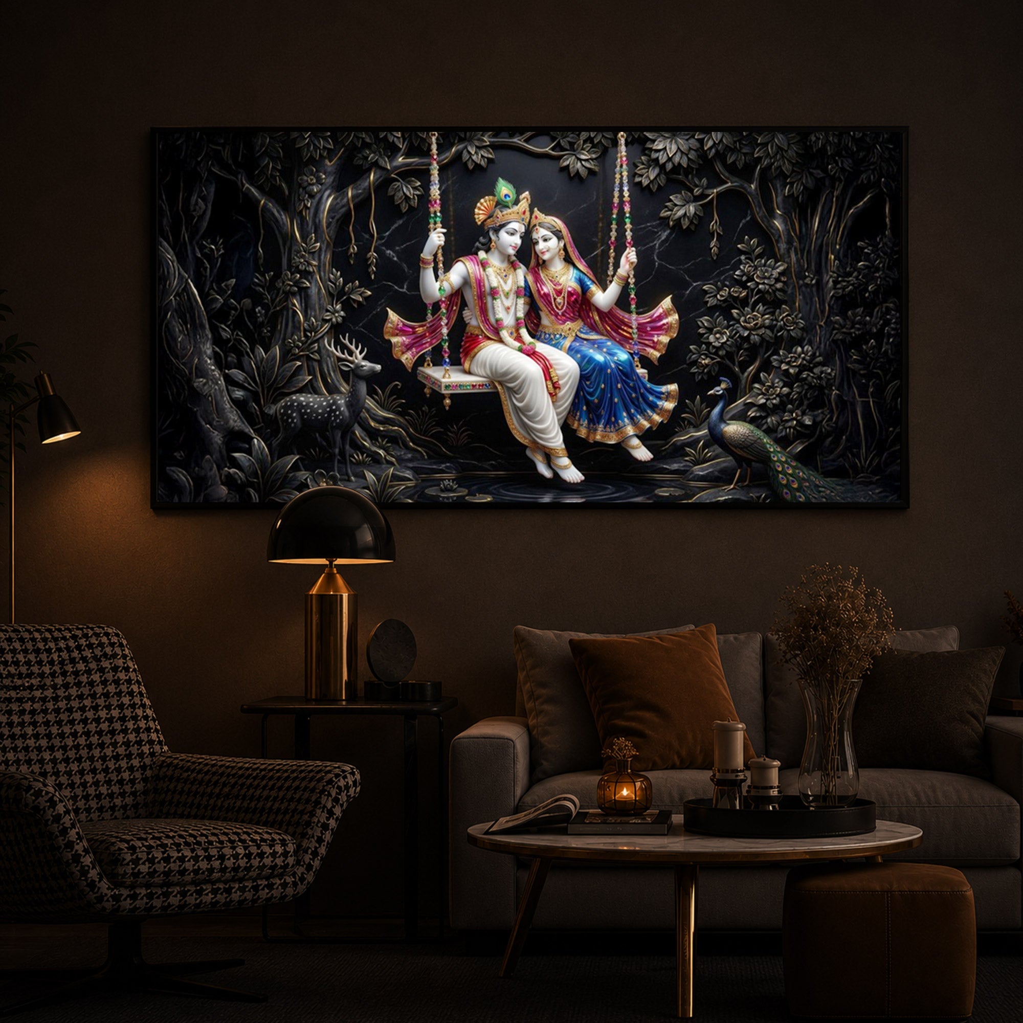 Radha Krishna Swing Modern Luxury Backlight Horizontal Wall Art