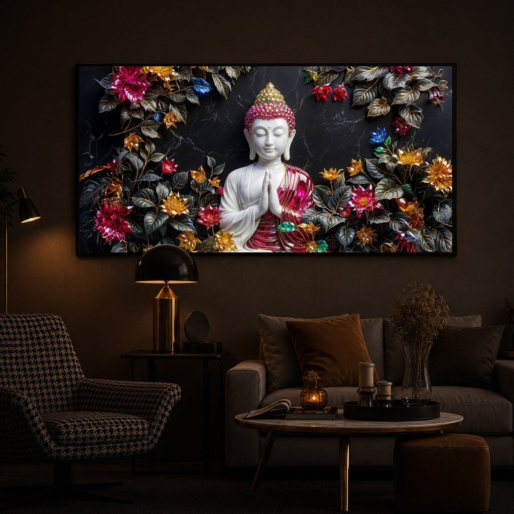 White Buddha With Pink Lotus Modern Luxury Backlight Horizontal Wall Art