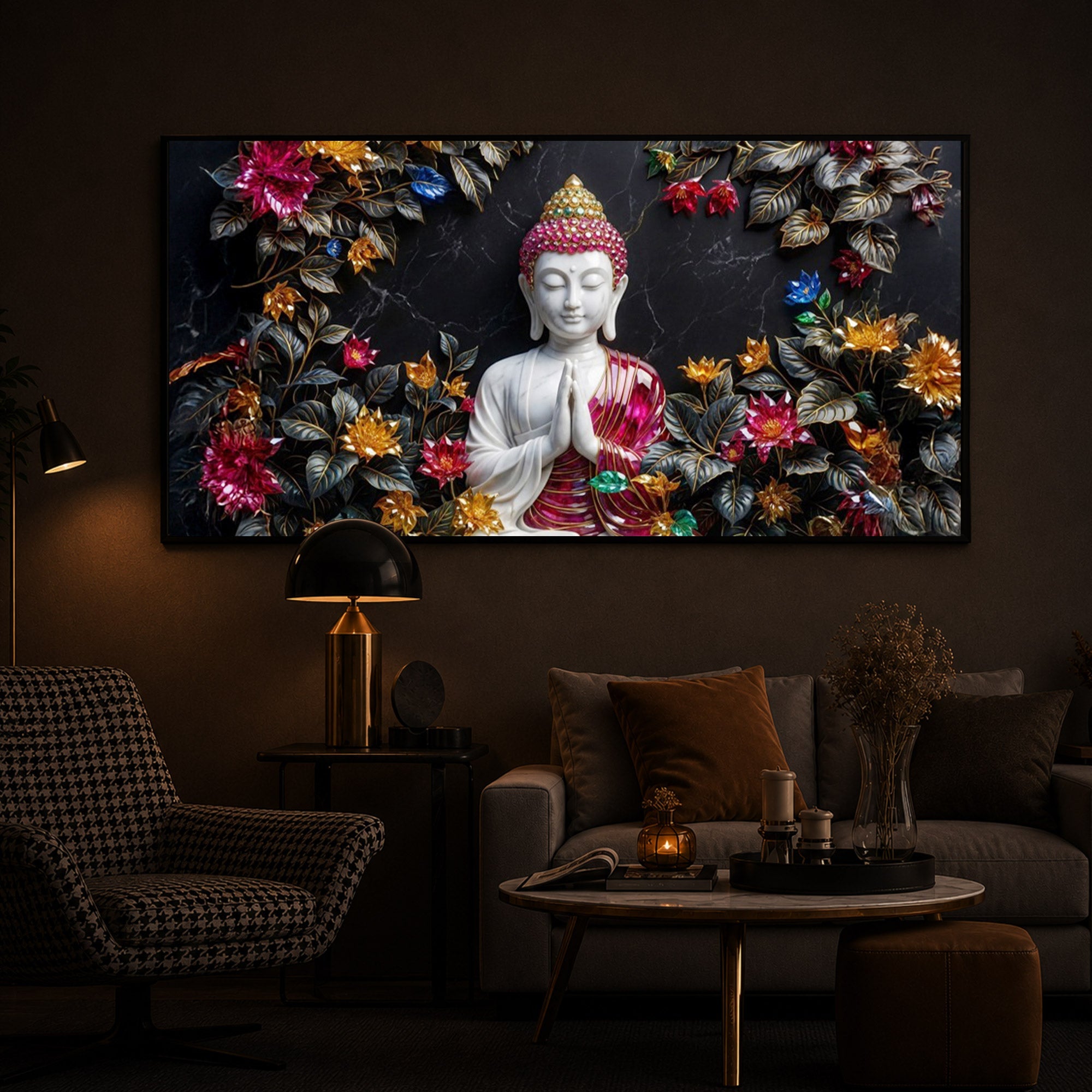 White Buddha With Pink Lotus Modern Luxury Backlight Horizontal Wall Art