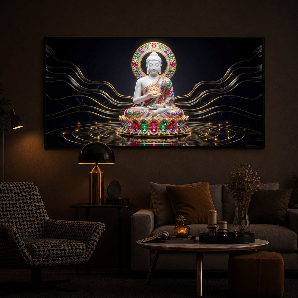 White Buddha Statue Modern Luxury Backlight Horizontal Wall Art