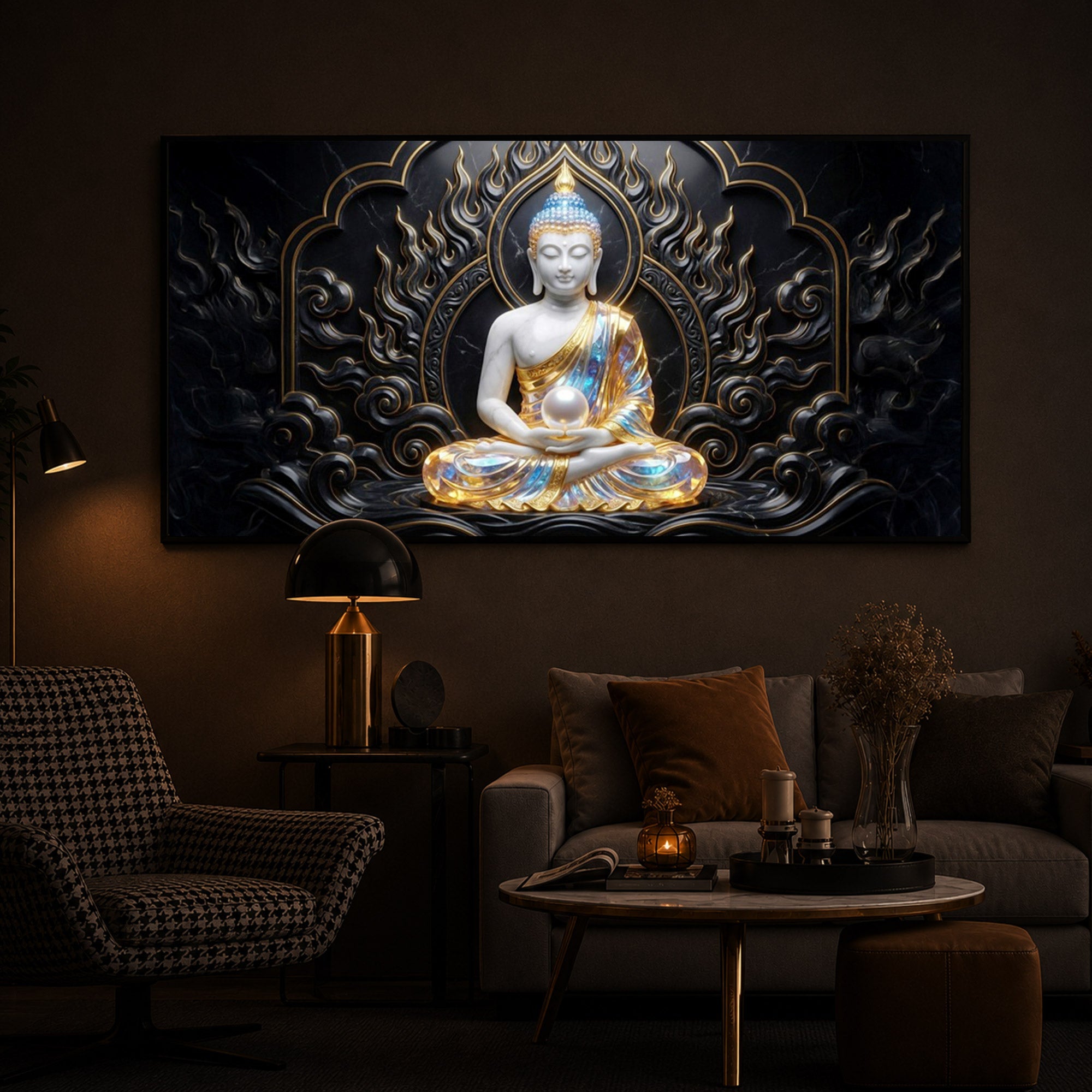 Meditating Buddha Ji Modern Luxury Backlight Horizontal Wall Art