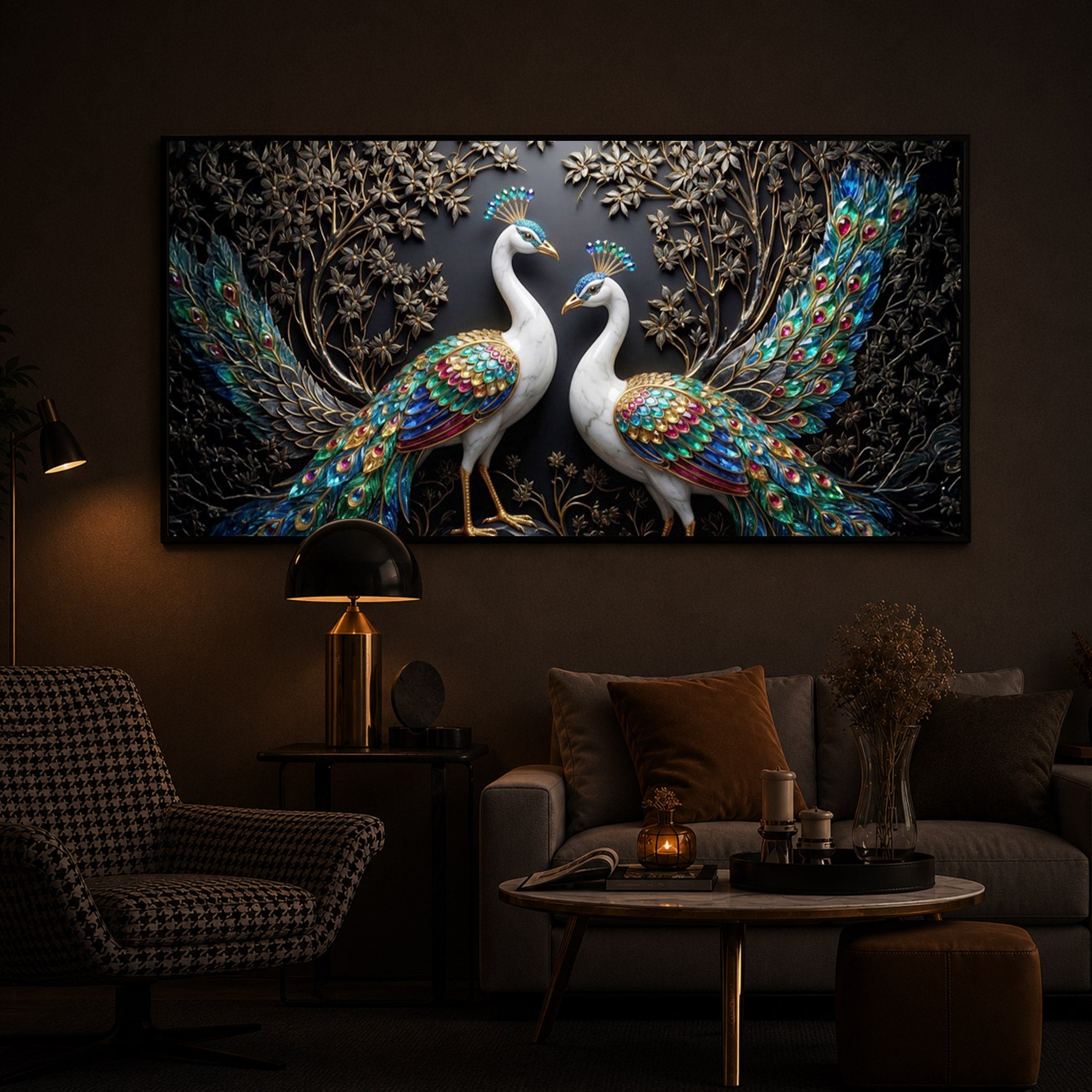Serene Peacock Modern Luxury Backlight Horizontal Wall Art