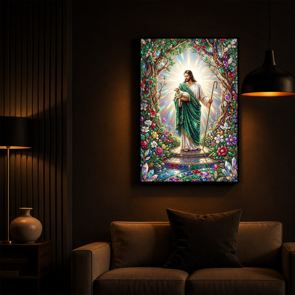Divine Good Shepherd Jesus Modern Luxury Backlight Vertical Wall Art