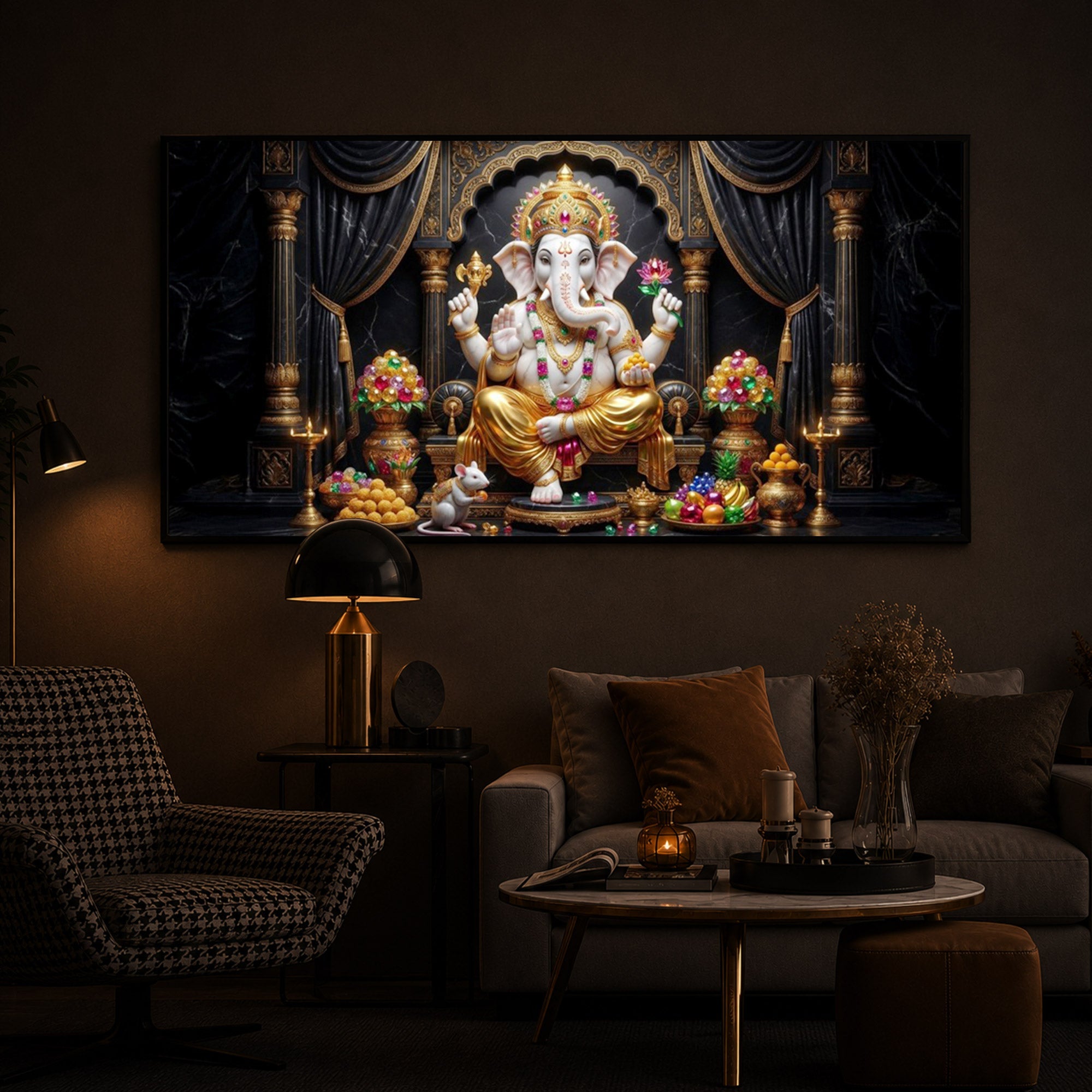 Hindu Deity Lord Ganesha Modern Luxury Backlight Horizontal Wall Art