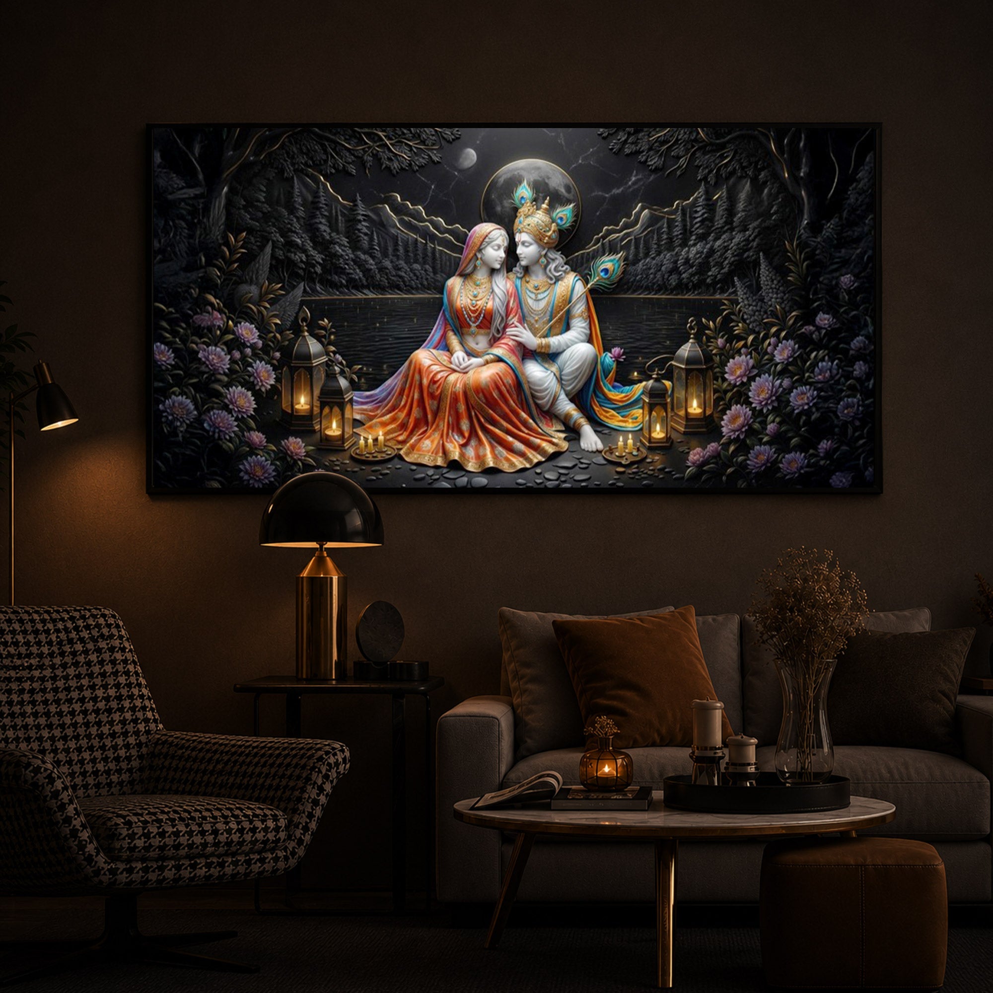 Hindu Deity Radha Krishna Modern Luxury Backlight Horizontal Wall Art