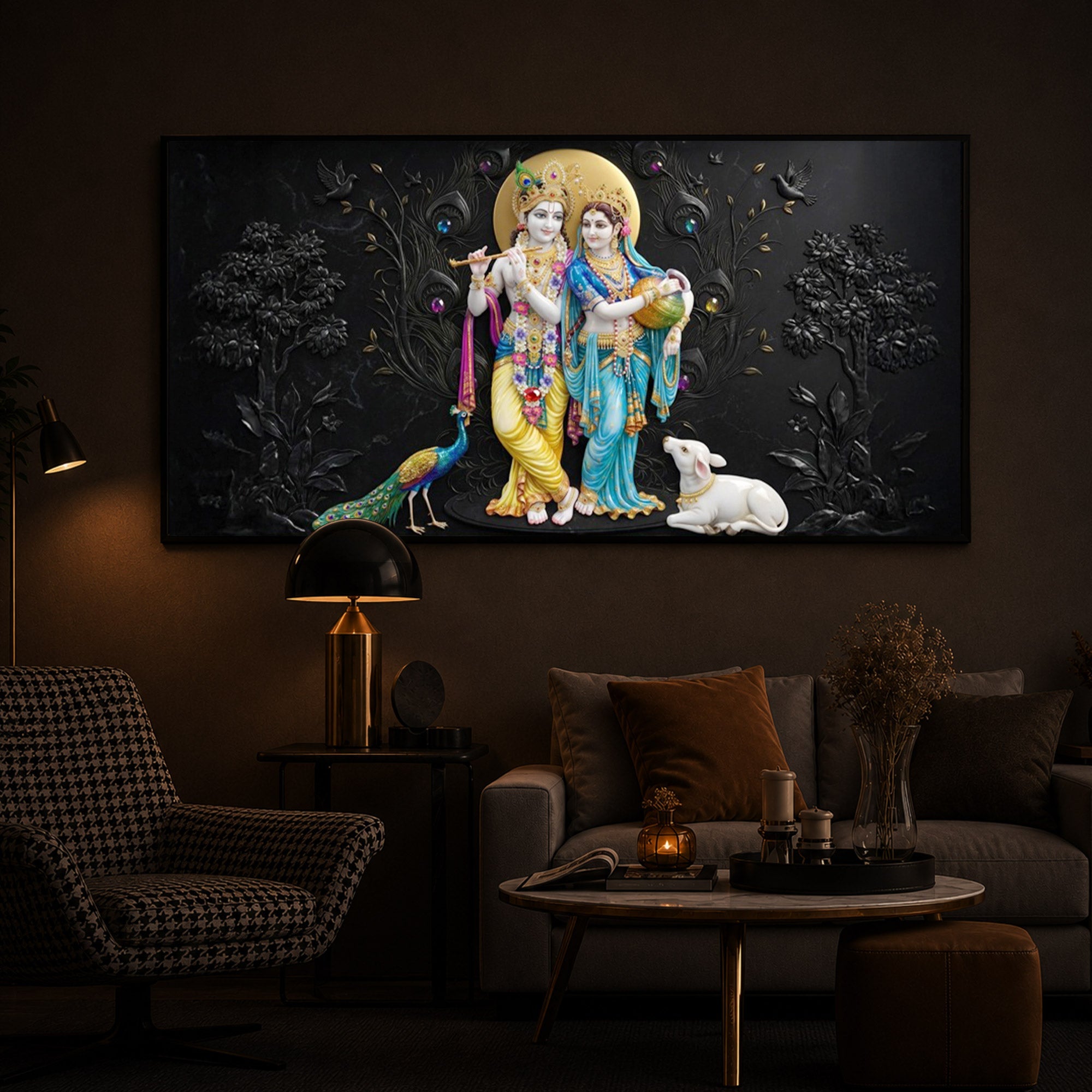 Depicting Radha Krishna Modern Luxury Backlight Horizontal Wall Art