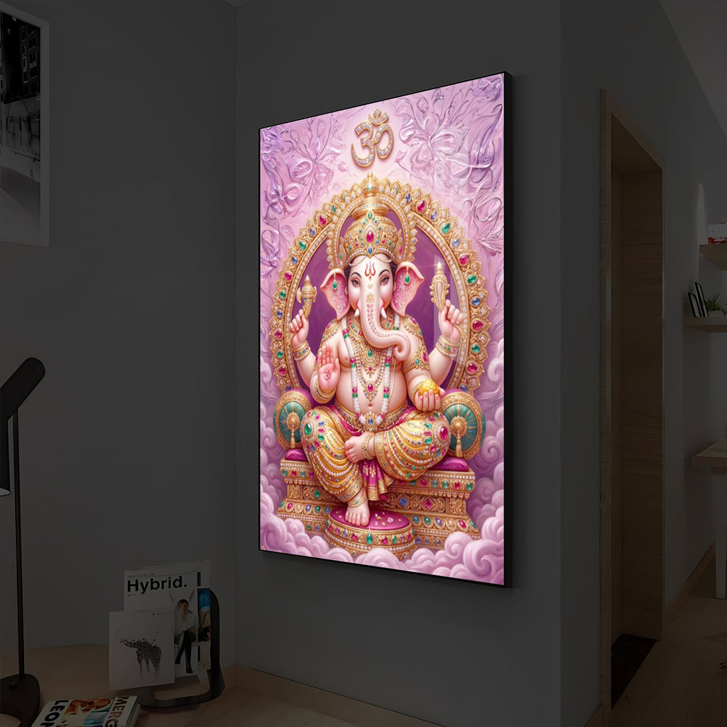 Vakratunda Mahakaya Ganesh Ji Modern Luxury Backlight Vertical Wall Art