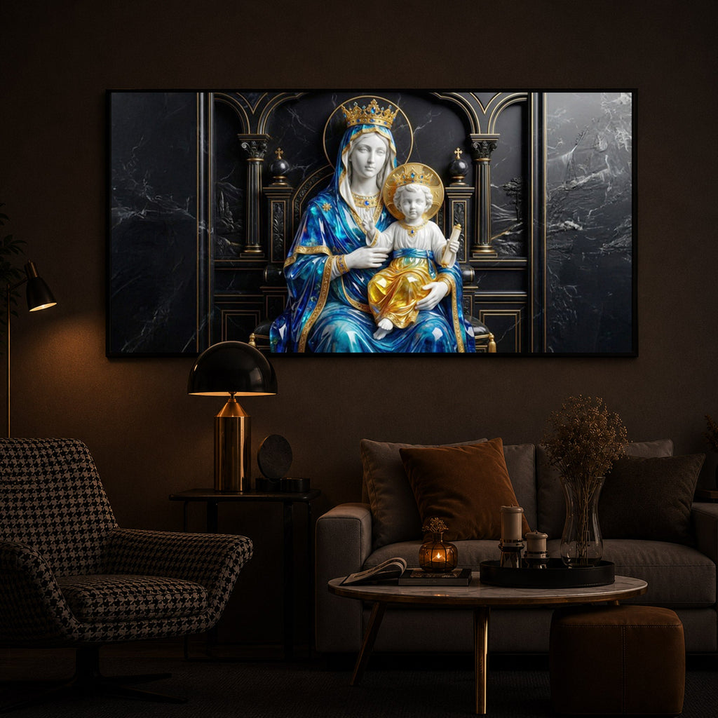 Mother Mary Holding Baby Jesus Modern Luxury Backlight Horizontal Wall Art