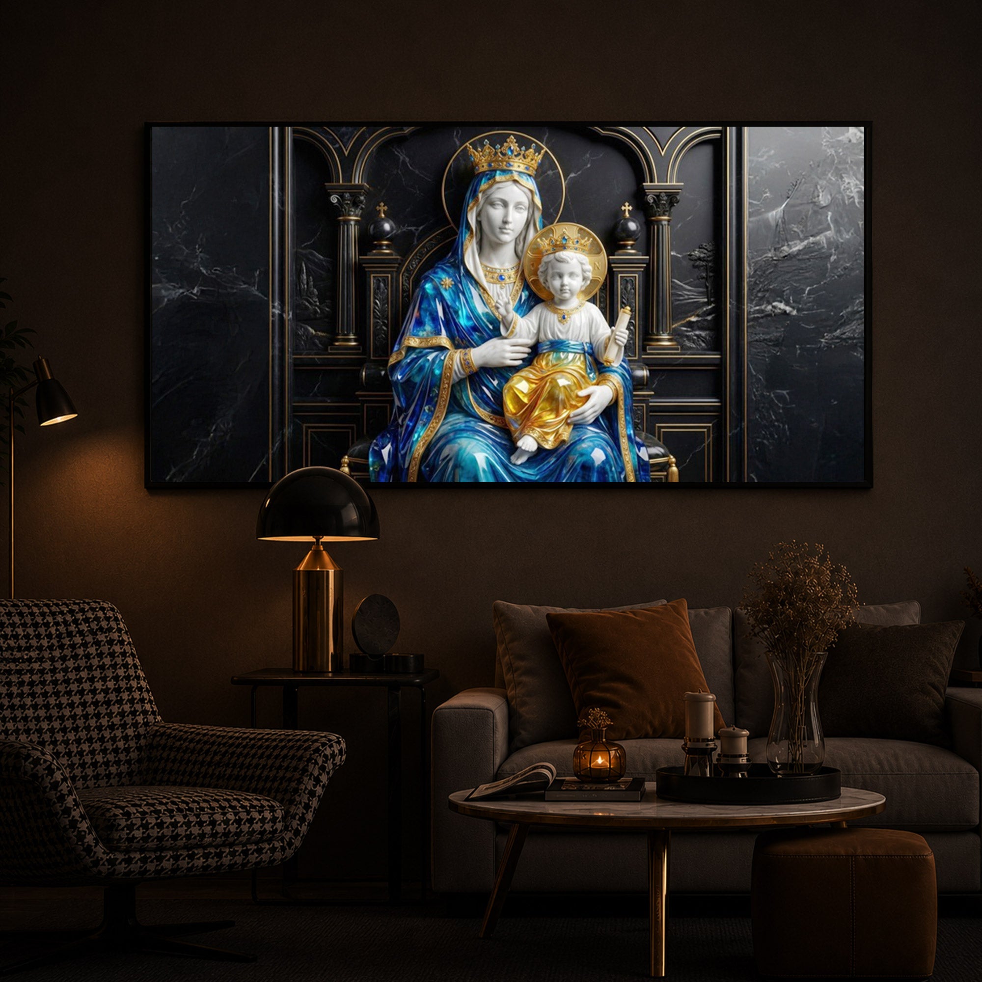 Mother Mary Holding Baby Jesus Modern Luxury Backlight Horizontal Wall Art