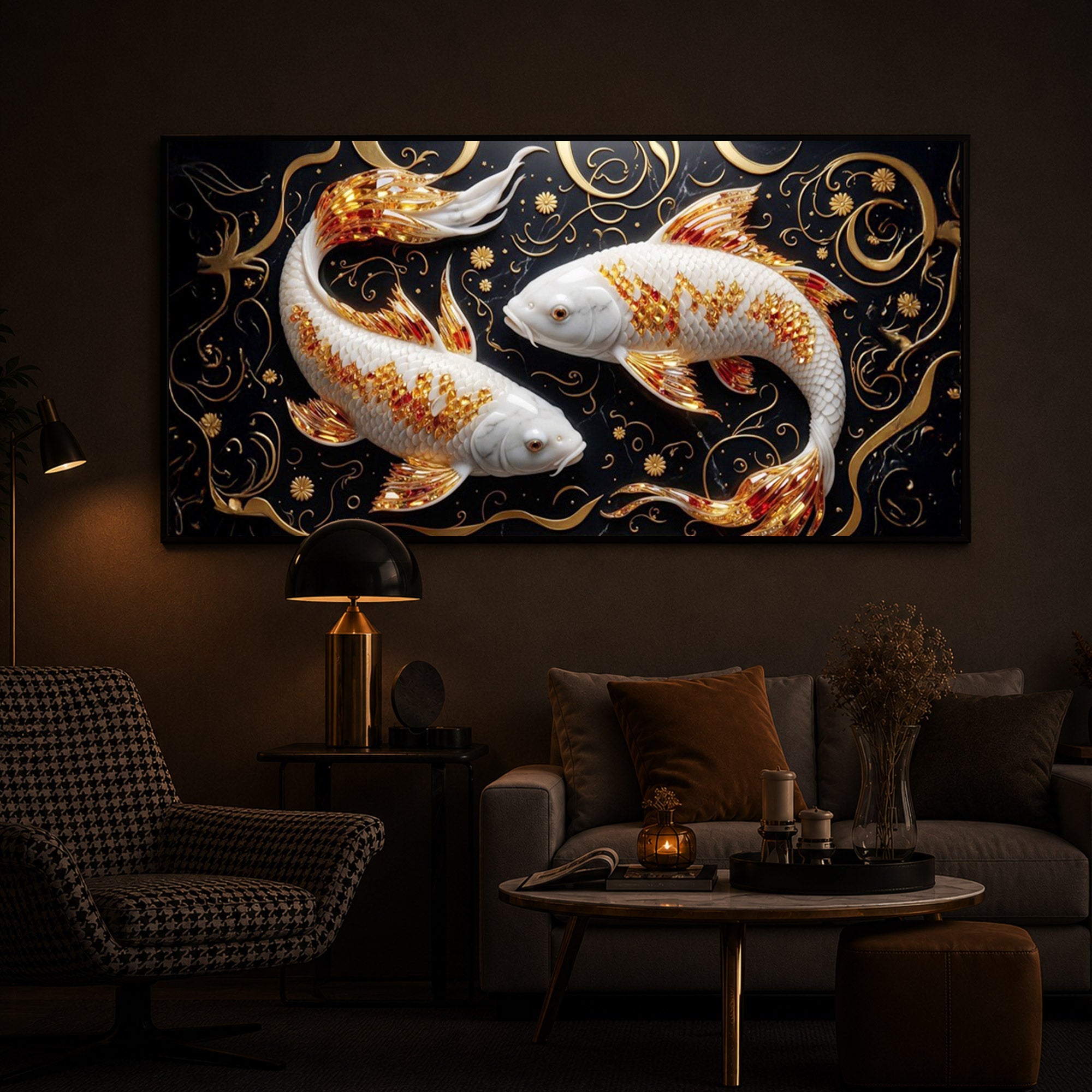 Two Golden Koi Fish Modern Luxury Backlight Horizontal Wall Art