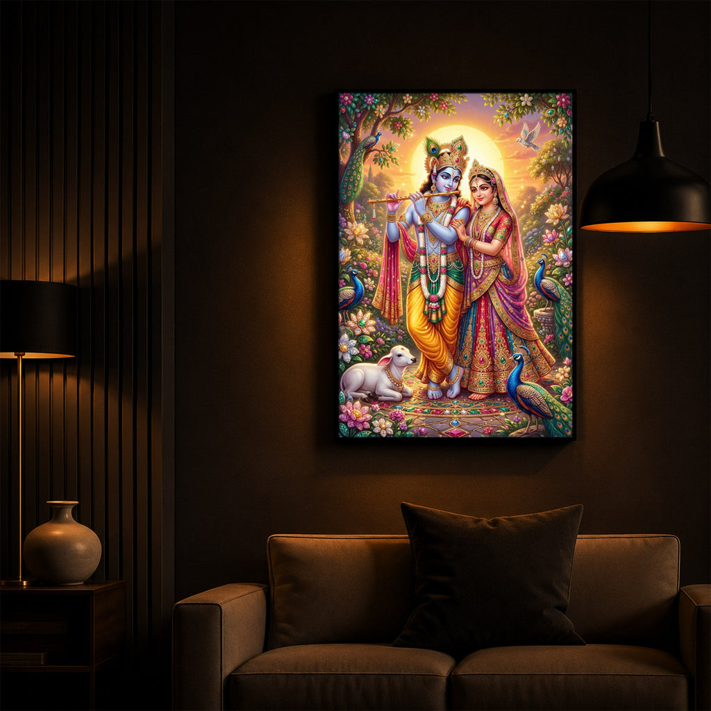 Radha Krishna Divine Harmony Modern Luxury Backlight Vertical Wall Art