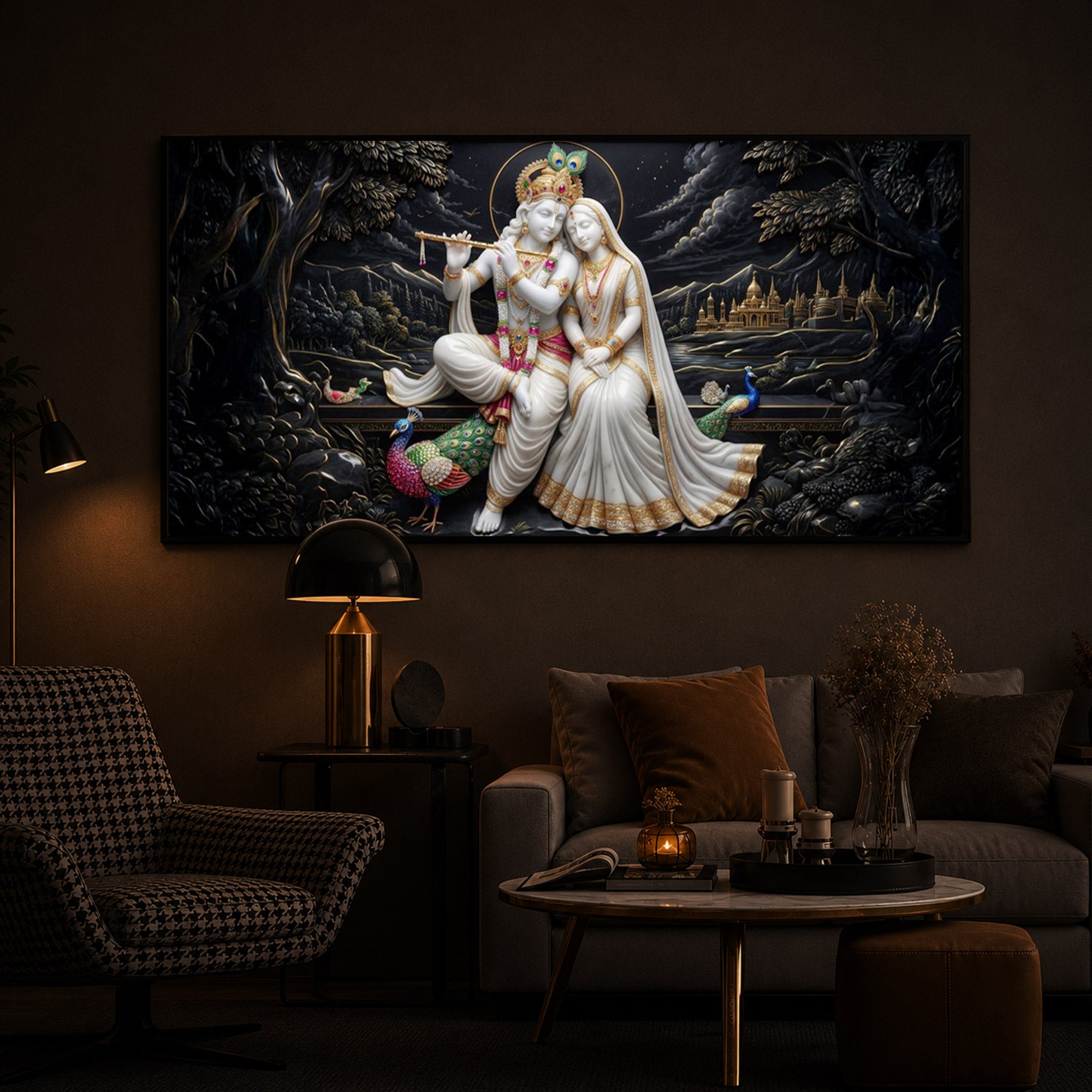 Divine Harmony Radha Krishna Modern Luxury Backlight Horizontal Wall Art
