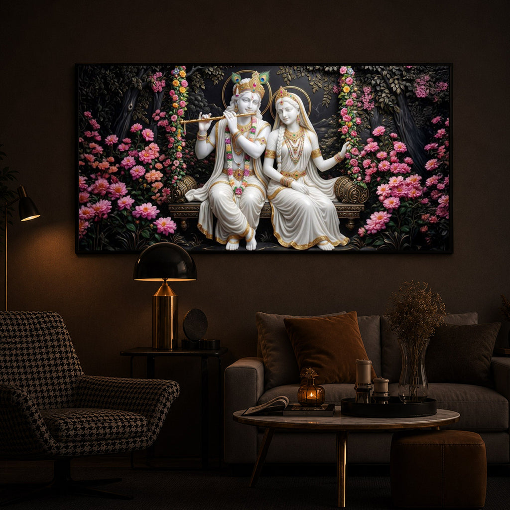 Radha Krishna With Flower Modern Luxury Backlight Horizontal Wall Art