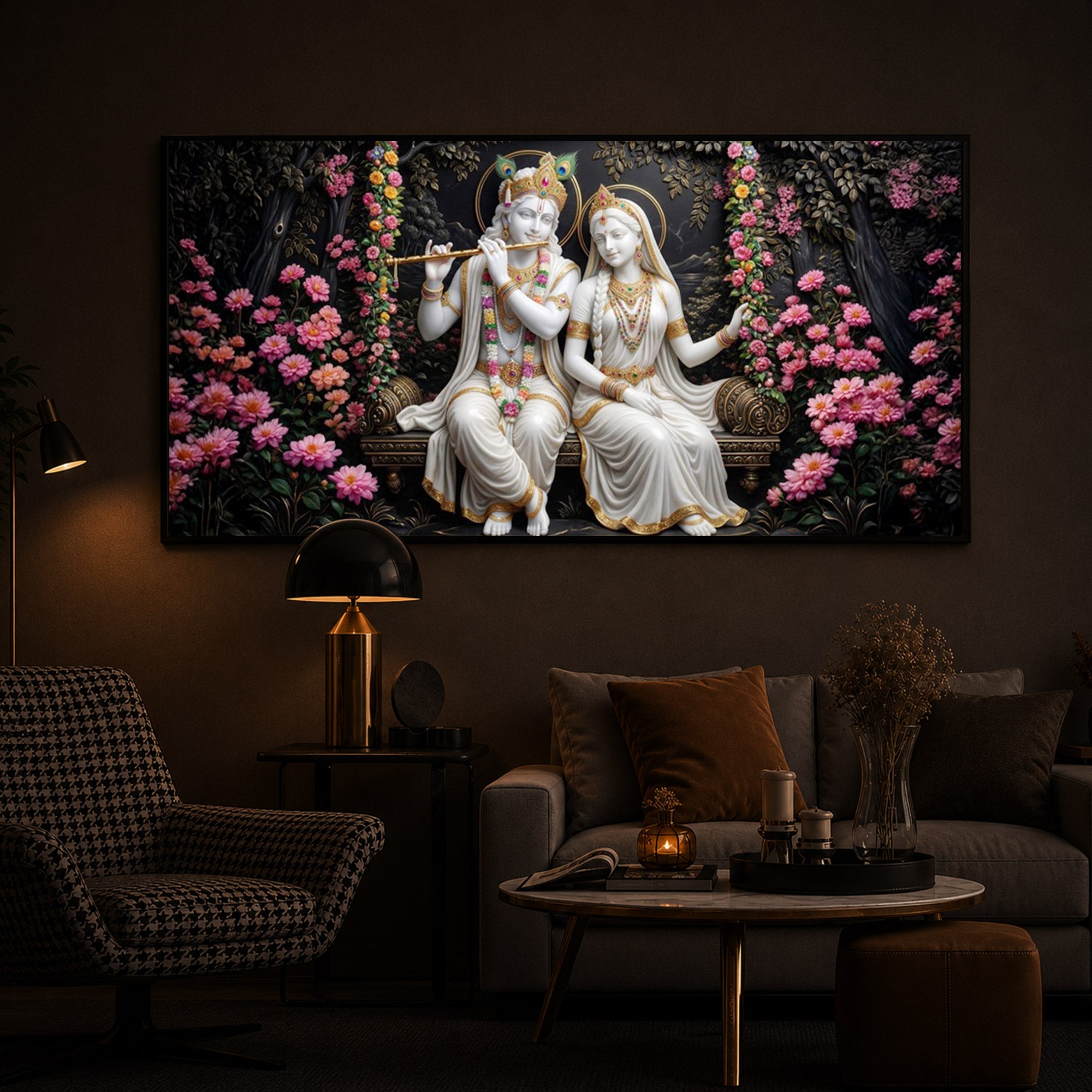 Radha Krishna With Flower Modern Luxury Backlight Horizontal Wall Art