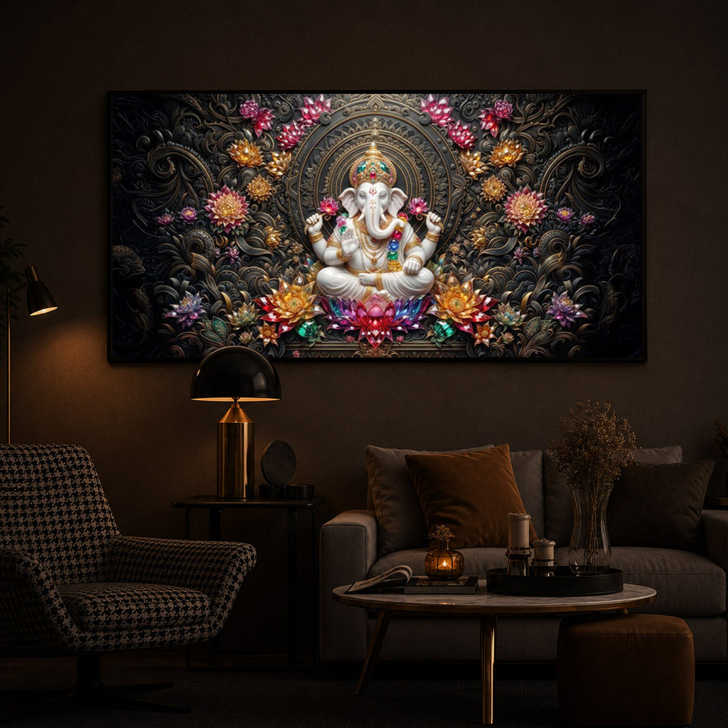 Lord Ganesha Blooming Lotuses Modern Luxury Backlight Horizontal Wall Art