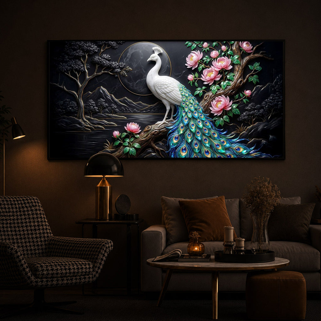 White Peacock With Flowers Modern Luxury Backlight Horizontal Wall Art