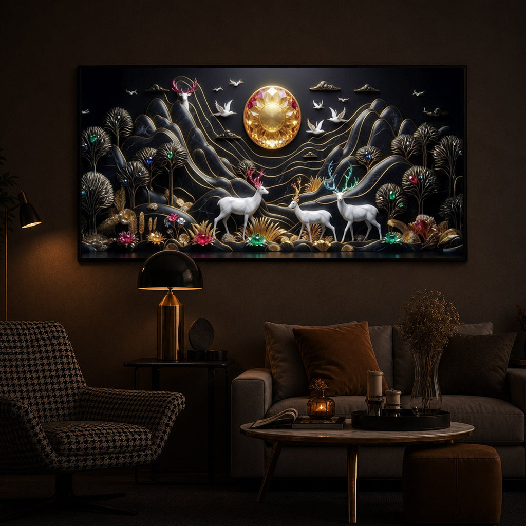 White Deer With Family Modern Luxury Backlight Horizontal Wall Art