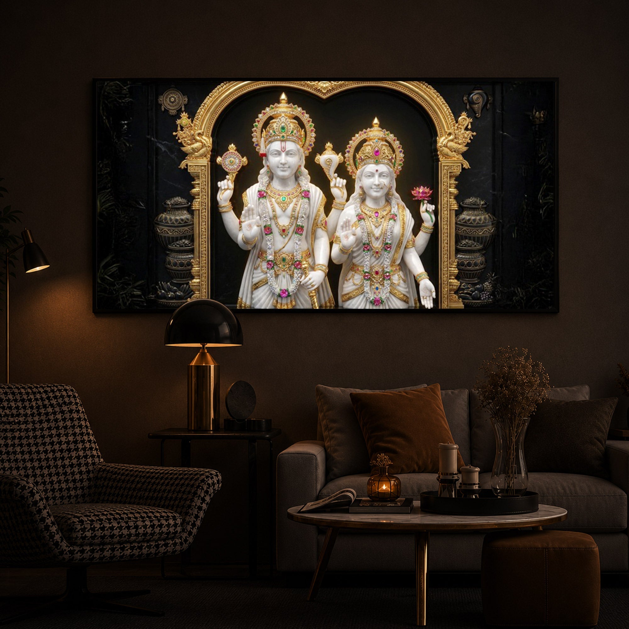 Lord Vishnu & Goddess Lakshmi Modern Luxury Backlight Horizontal Wall Art