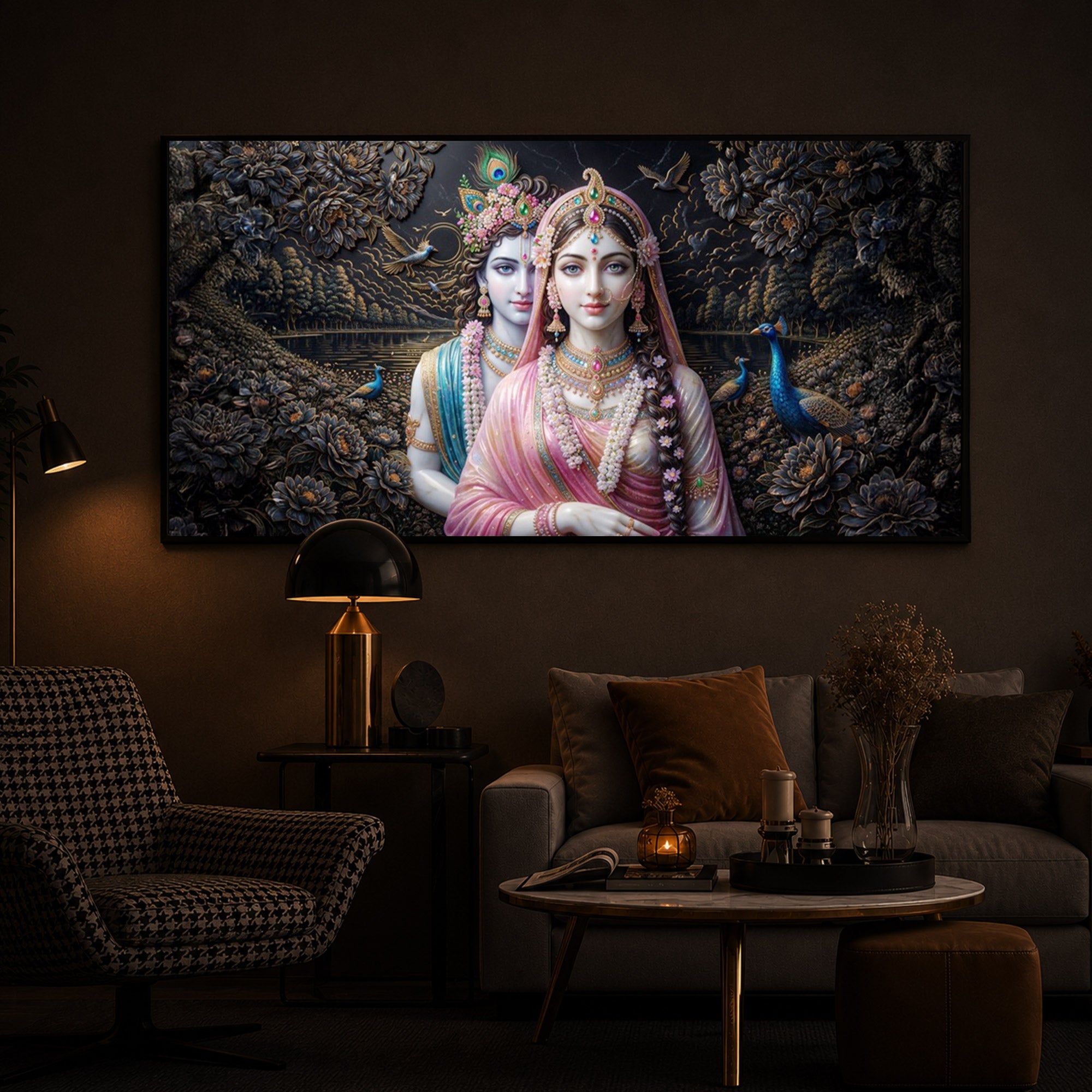 Blissful Radha Krishna Modern Luxury Backlight Horizontal Wall Art
