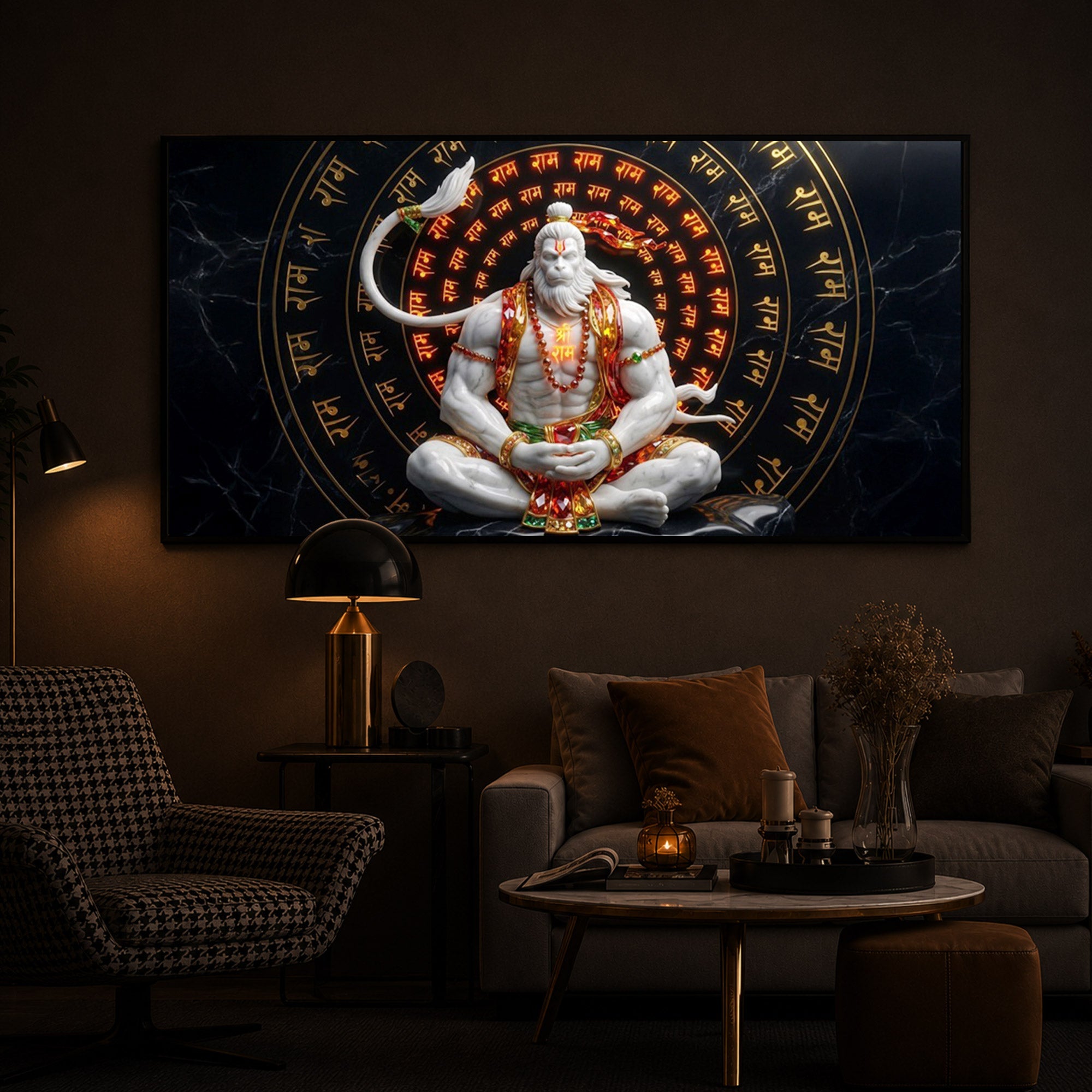 Lord Hanuman Sitting In A Meditative Modern Luxury Backlight Horizontal Wall Art