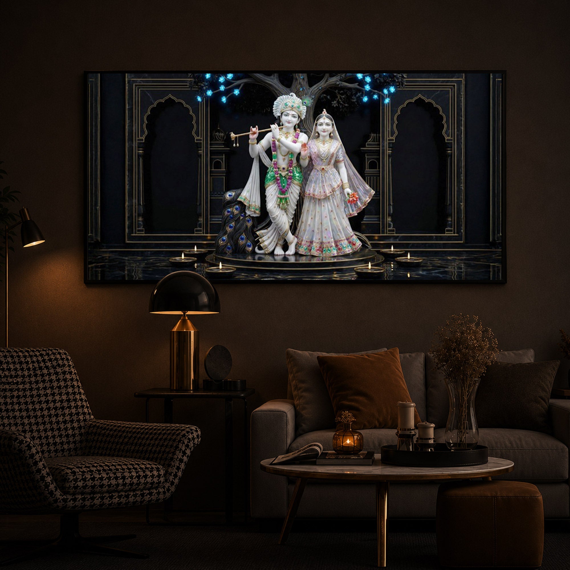 Radha Krishna With Flute Modern Luxury Backlight Horizontal Wall Art