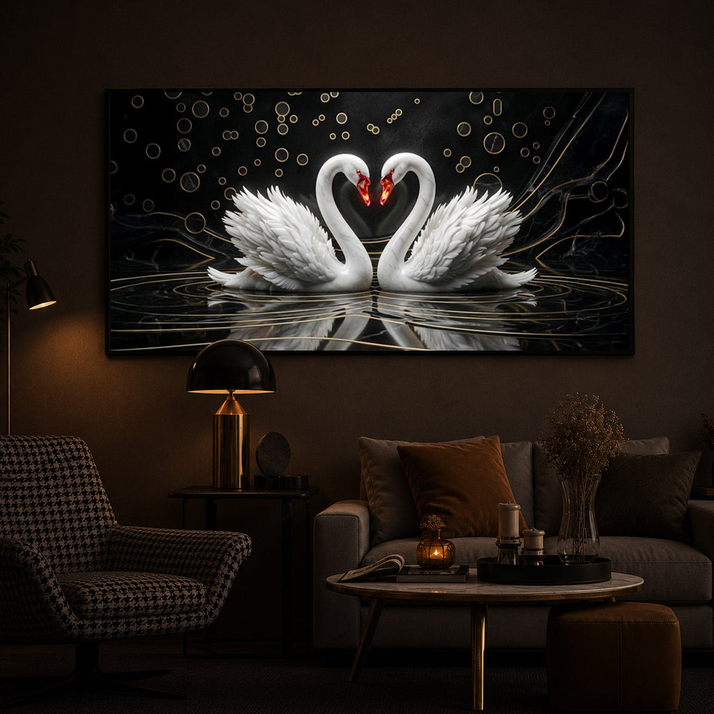 Two White Swans Forming A Heart Modern Luxury Backlight Horizontal Wall Art