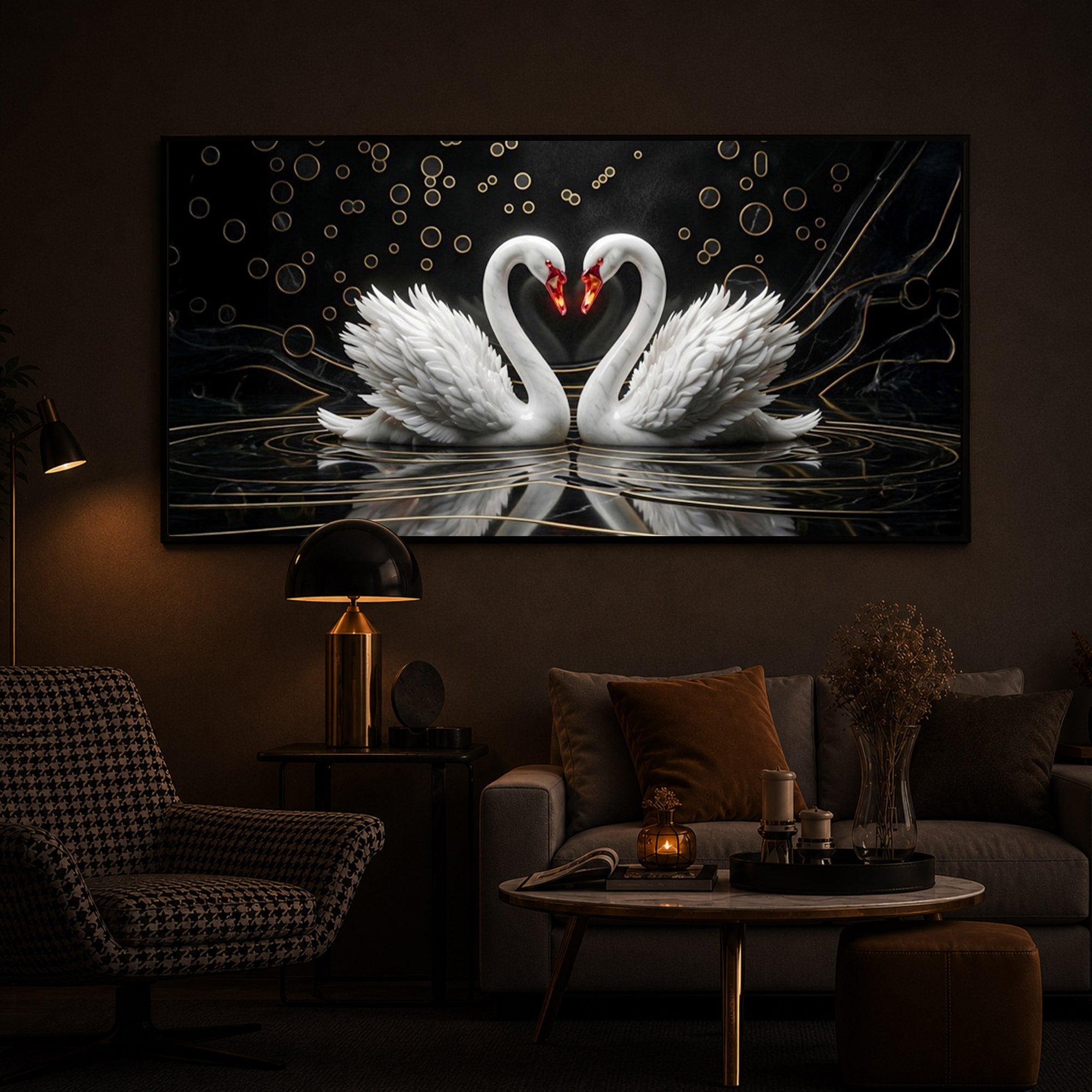 Two White Swans Forming A Heart Modern Luxury Backlight Horizontal Wall Art