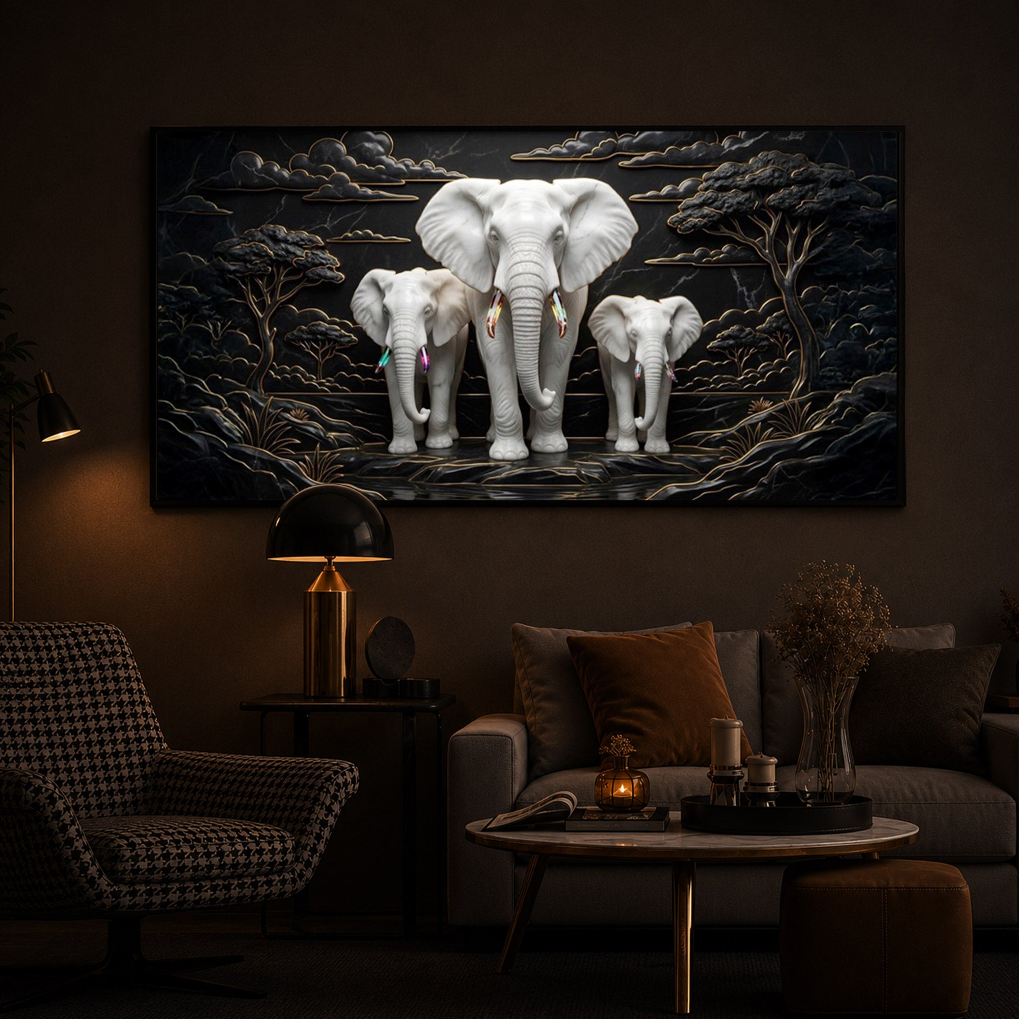 White Elephant Family Modern Luxury Backlight Horizontal Wall Art