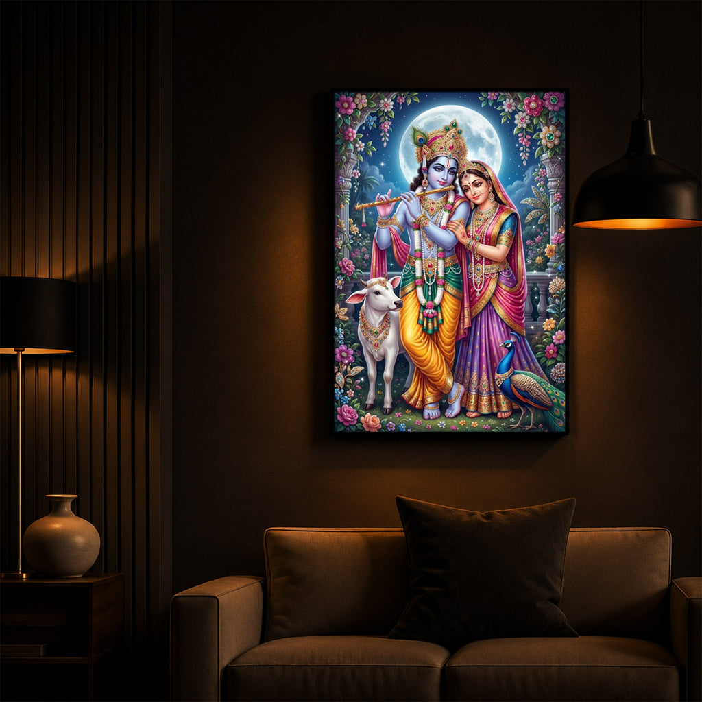 Moonlit Radha Krishna Leela Modern Luxury Backlight Vertical Wall Art