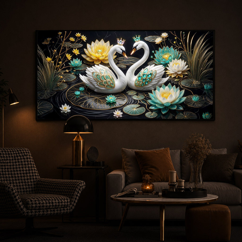 Pair Of White Swans Modern Luxury Backlight Horizontal Wall Art