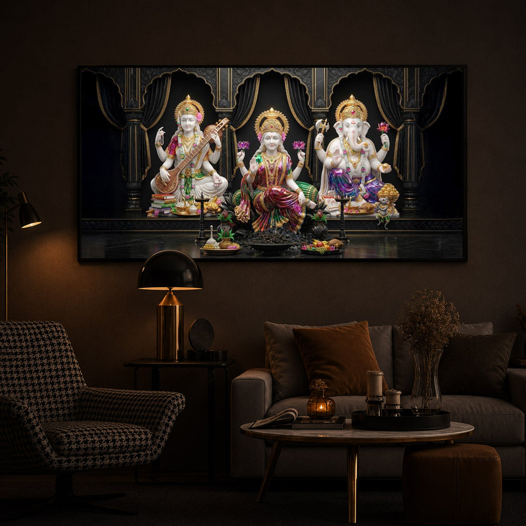 Saraswati,Lakshmi, & Lord Ganesha Modern Luxury Backlight Horizontal Wall Art