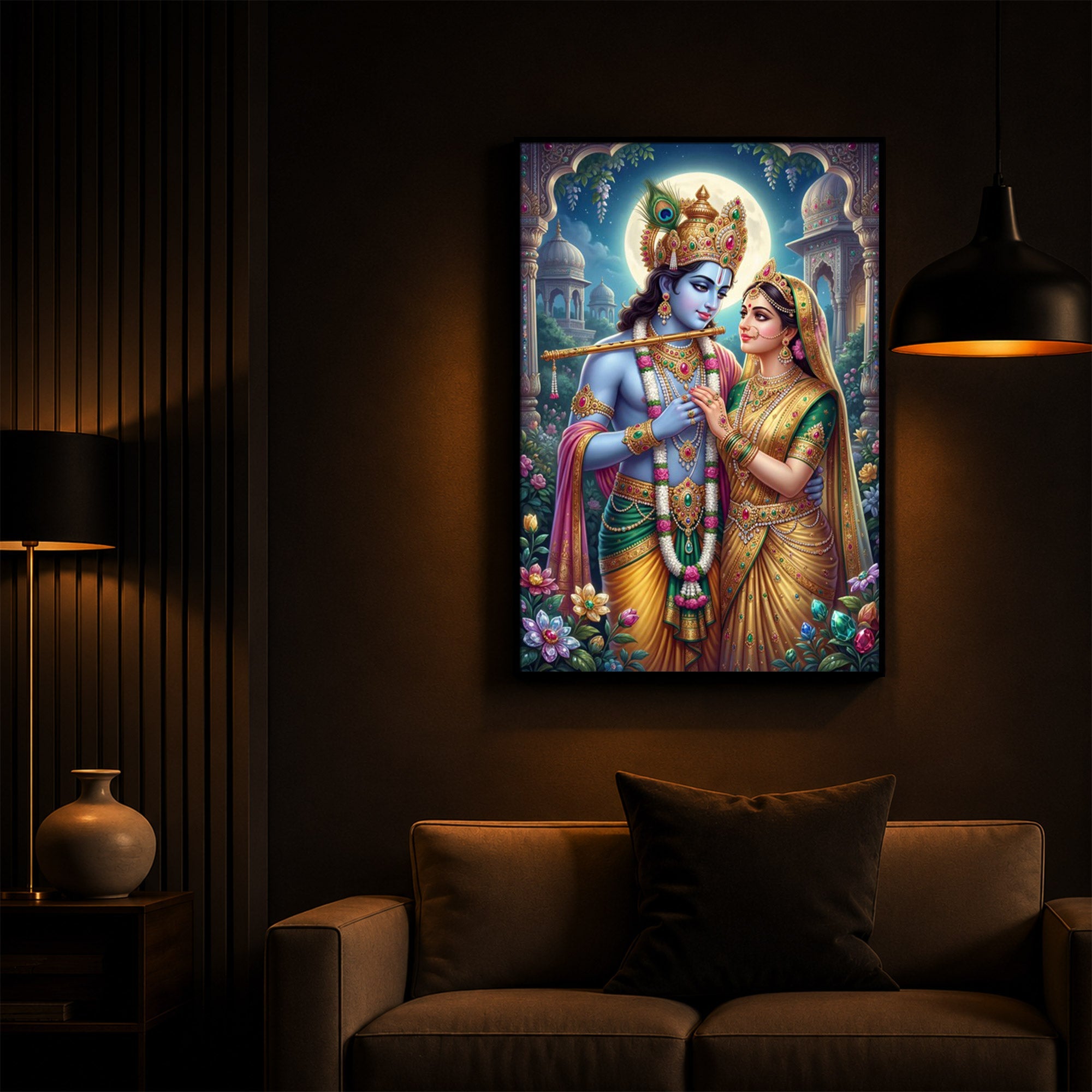 Goddess Shri Radha and God Krishna Modern Luxury Backlight Vertical Wall Art