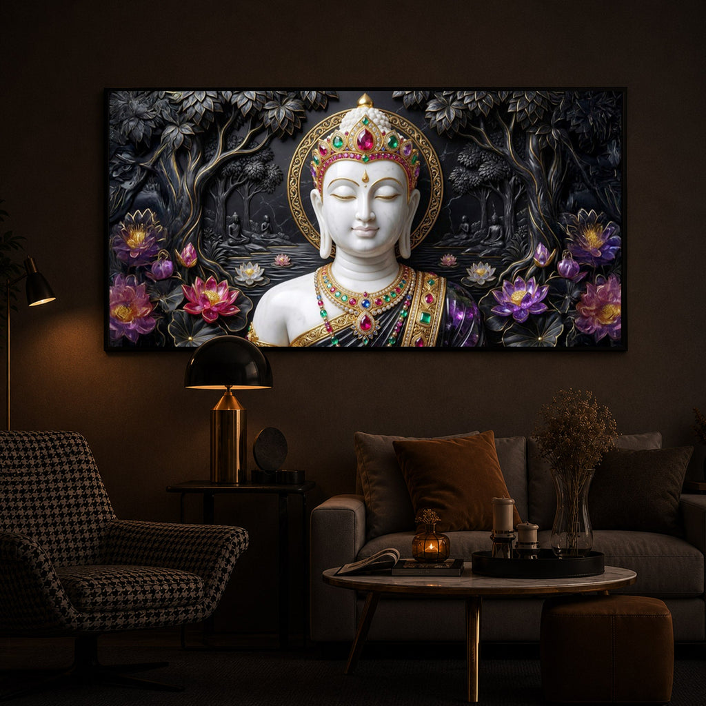 Lotus Serenity Lord Buddha Modern Luxury Backlight Horizontal Wall Art