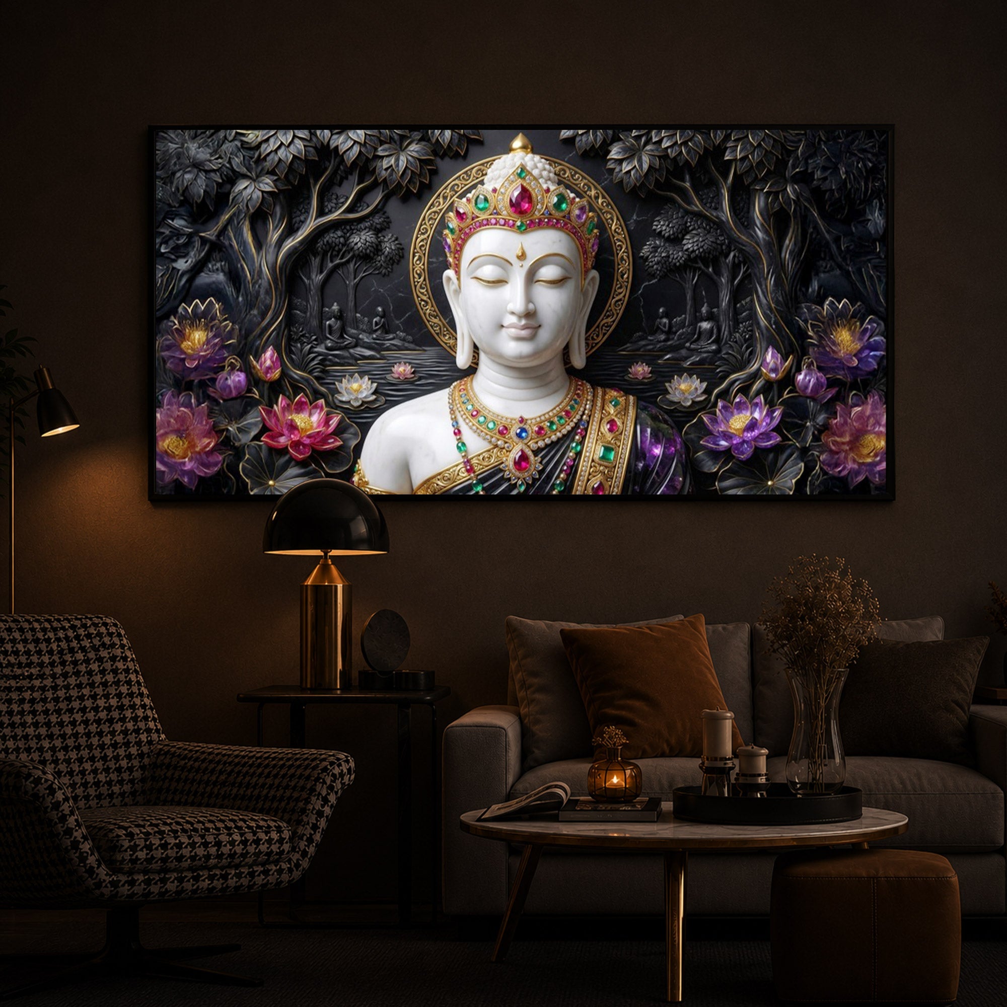 Lotus Serenity Lord Buddha Modern Luxury Backlight Horizontal Wall Art