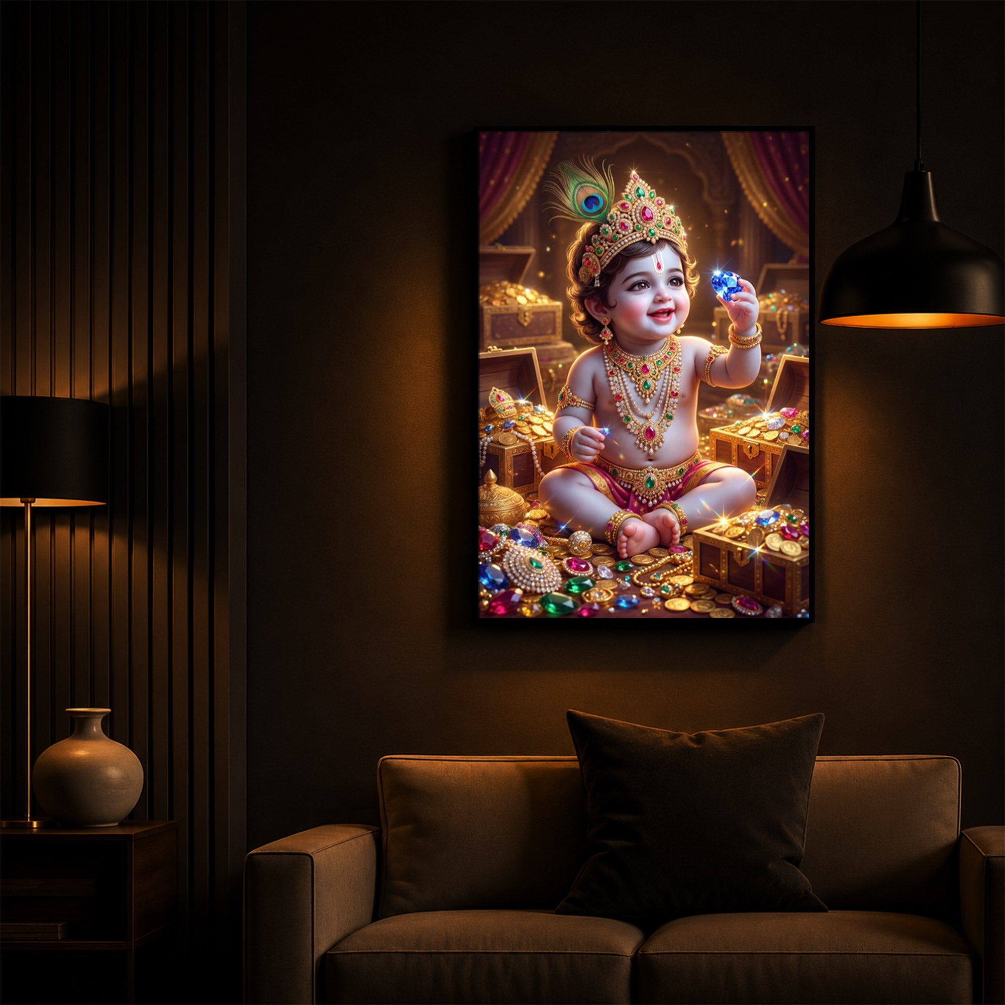 Little Lord Krishna Ji Modern Luxury Backlight Vertical Wall Art