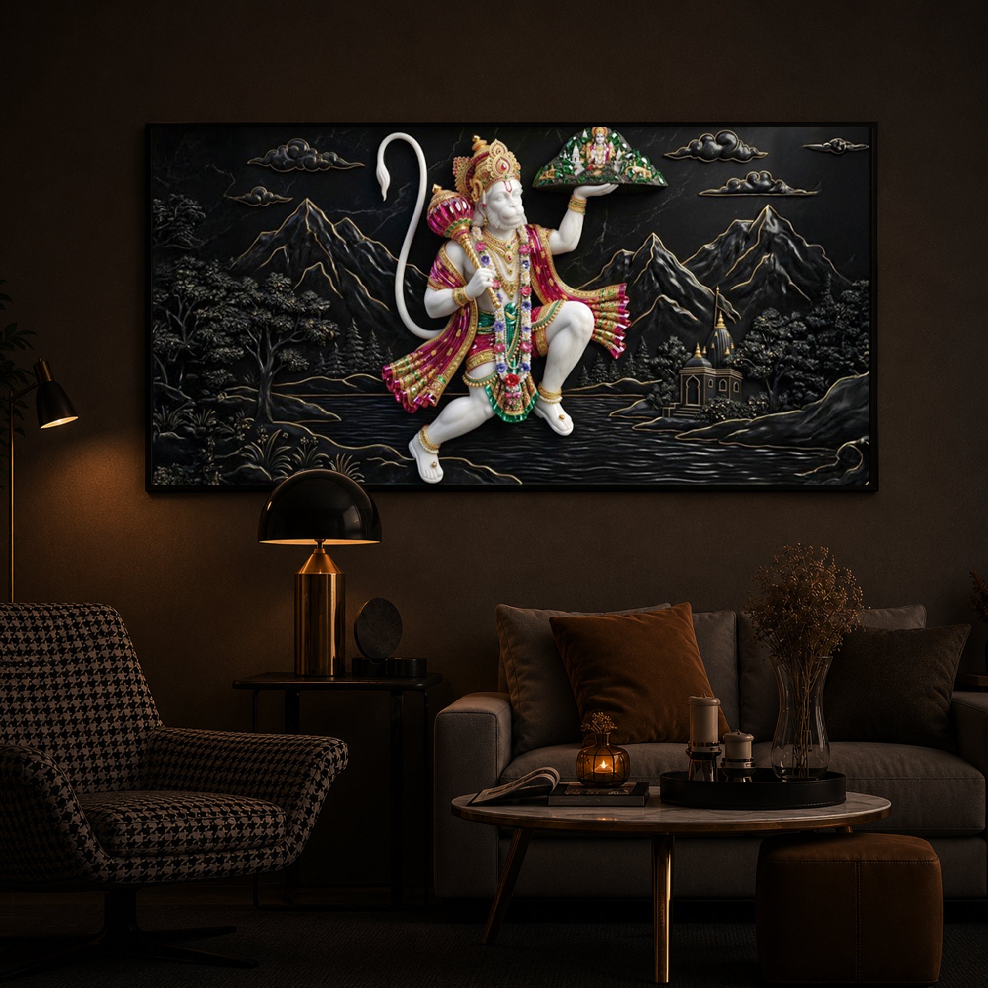 Lord Hanuman Carrying Sanjeevani Mountain Modern Luxury Backlight Horizontal Wall Art