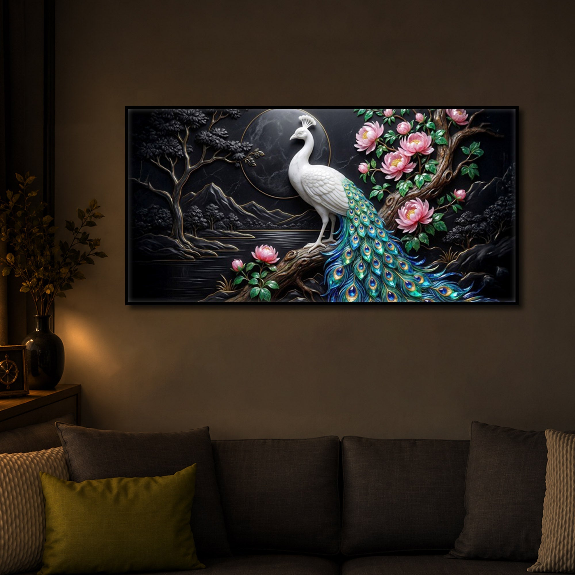White Peacock With Flowers Modern Luxury Backlight Horizontal Wall Art