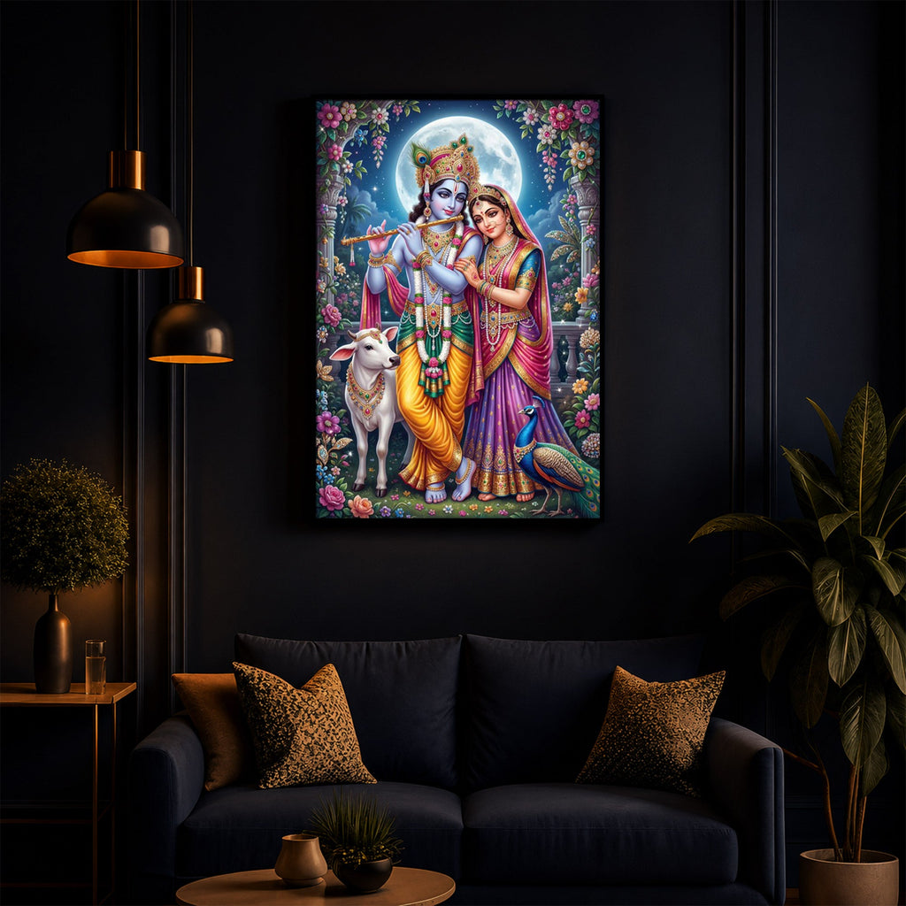 Moonlit Radha Krishna Leela Modern Luxury Backlight Vertical Wall Art