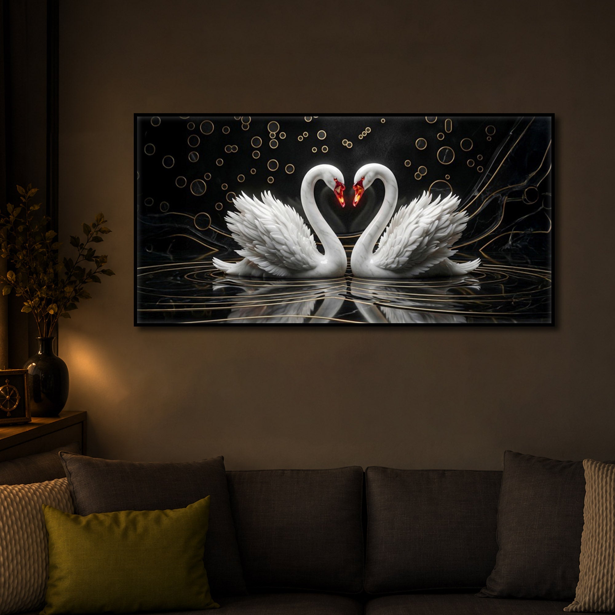 Two White Swans Forming A Heart Modern Luxury Backlight Horizontal Wall Art