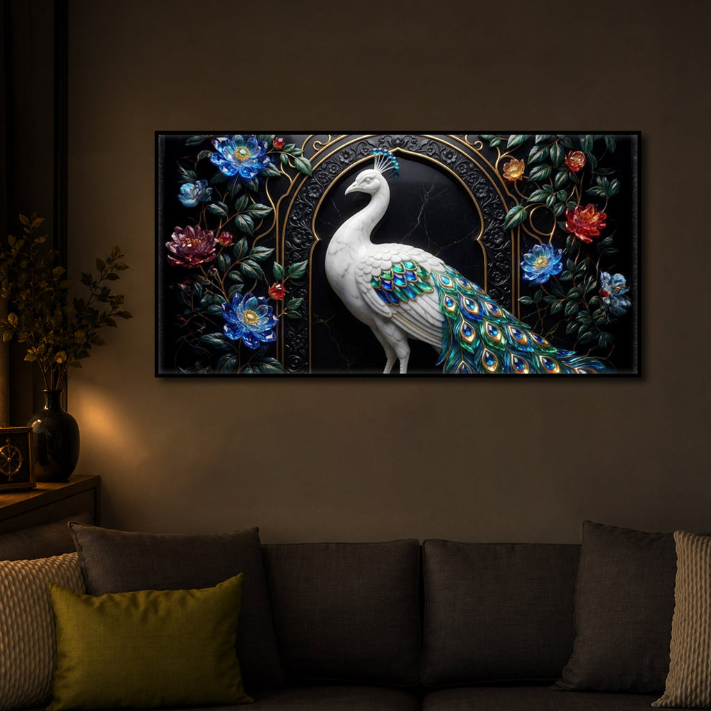 Majestic Peacock With Flower Modern Luxury Backlight Horizontal Wall Art