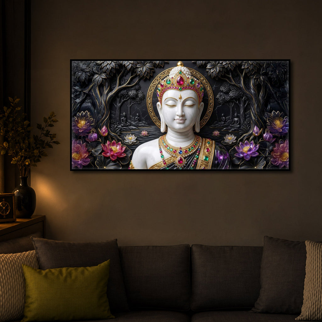 Lotus Serenity Lord Buddha Modern Luxury Backlight Horizontal Wall Art